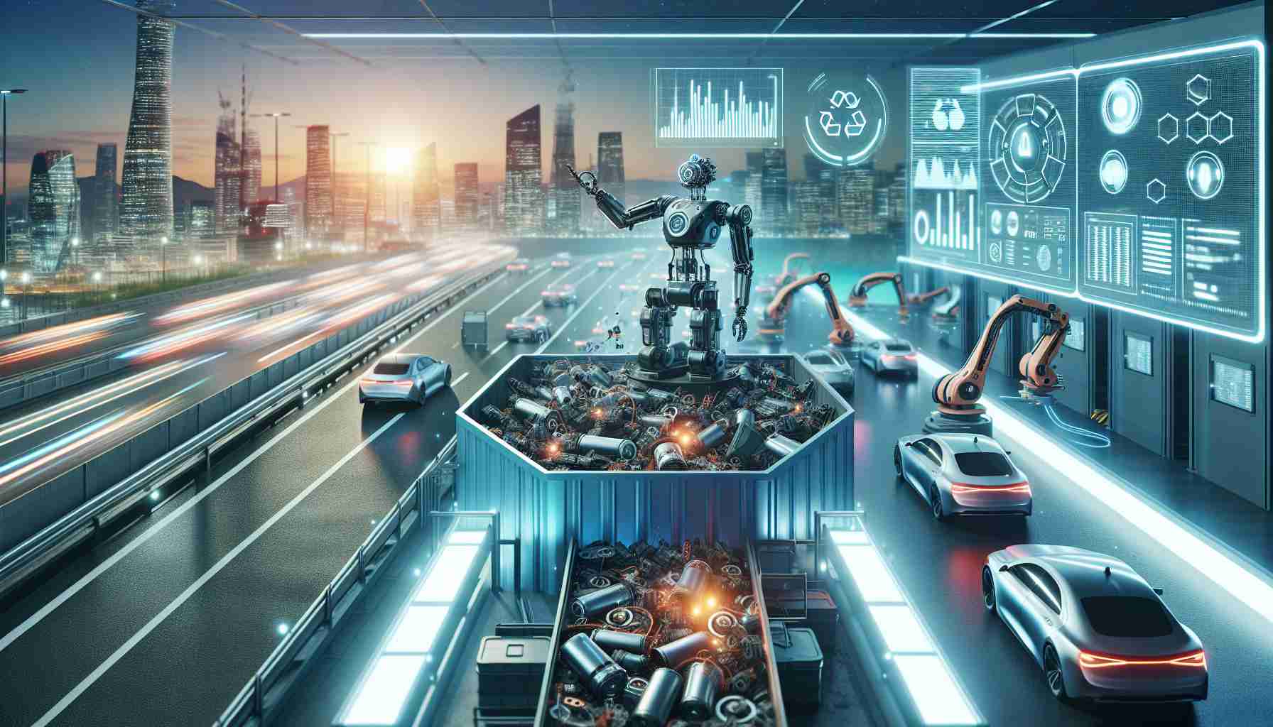 An ultra-high definition image showcasing the revolution in the automotive industry: Innovative approaches to battery recycling. In the foreground, there is a futuristic facility where robots are disassembling and sorting various components from spent batteries. On one side, a monitor display presents highly detailed graphics and statistics about the recycling process. On the other, a line of electric cars is being powered using the recycled resources, emphasizing the cyclic nature of this innovative solution. In the background, a city skyline at dusk further emphasizes the blend of technology and natural harmony.