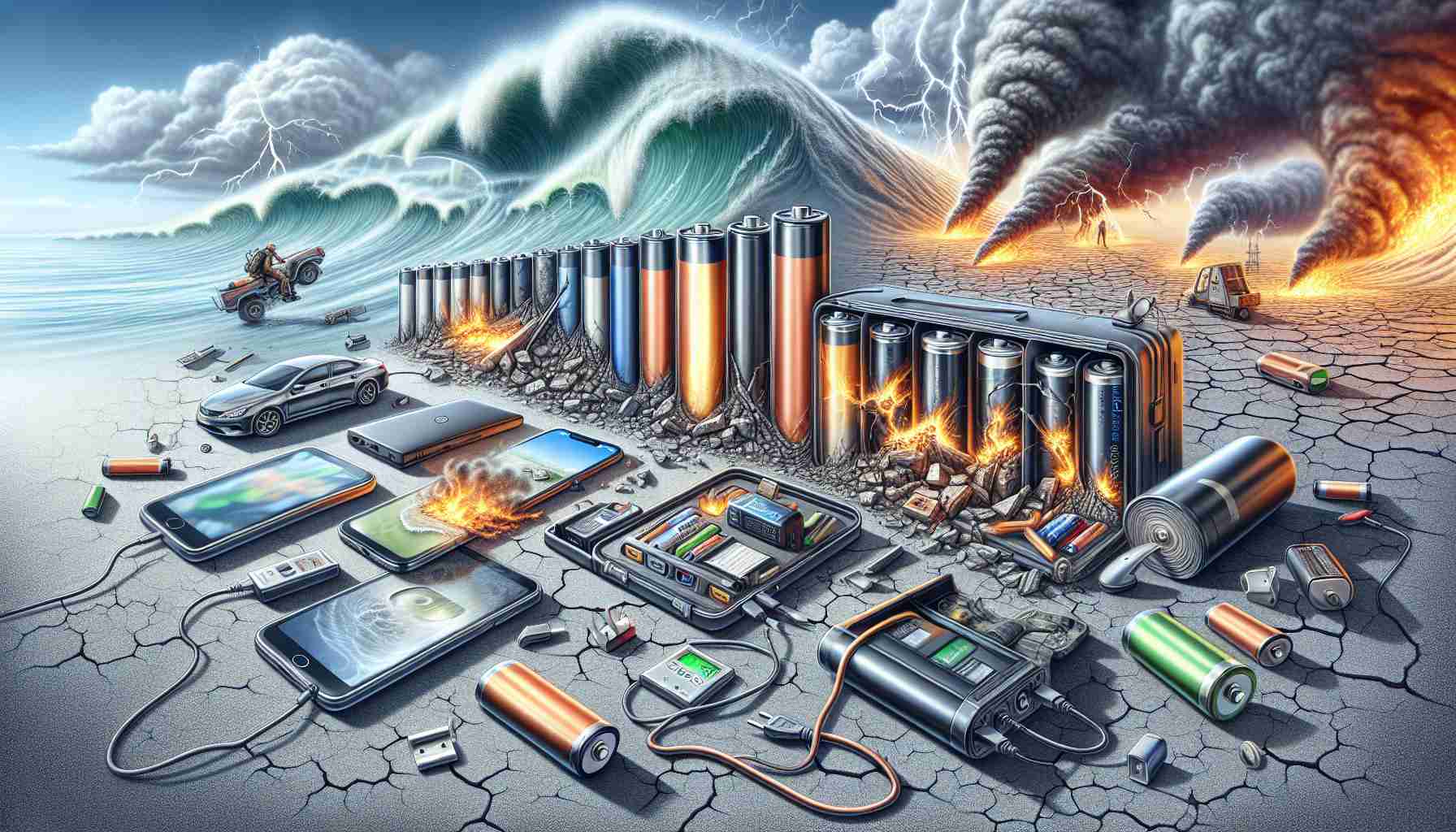 An ultra high definition, realistic illustration showcasing various methods of preventing fire hazards in lithium-ion battery devices during occurrences of natural disasters. This could display battery-operated devices like smartphones, laptops, and portable power banks, properly stored and secured to hinder any potential ignition or explosive incidents. In the background, there might be representations of natural disasters such as an earthquake's cracked ground, torrential rain or a whirlwind, symbolizing the challenging conditions. In the foreground, there are close-ups of the protective measures taken, like battery insulation, secure encasements, and regular maintenance routines.