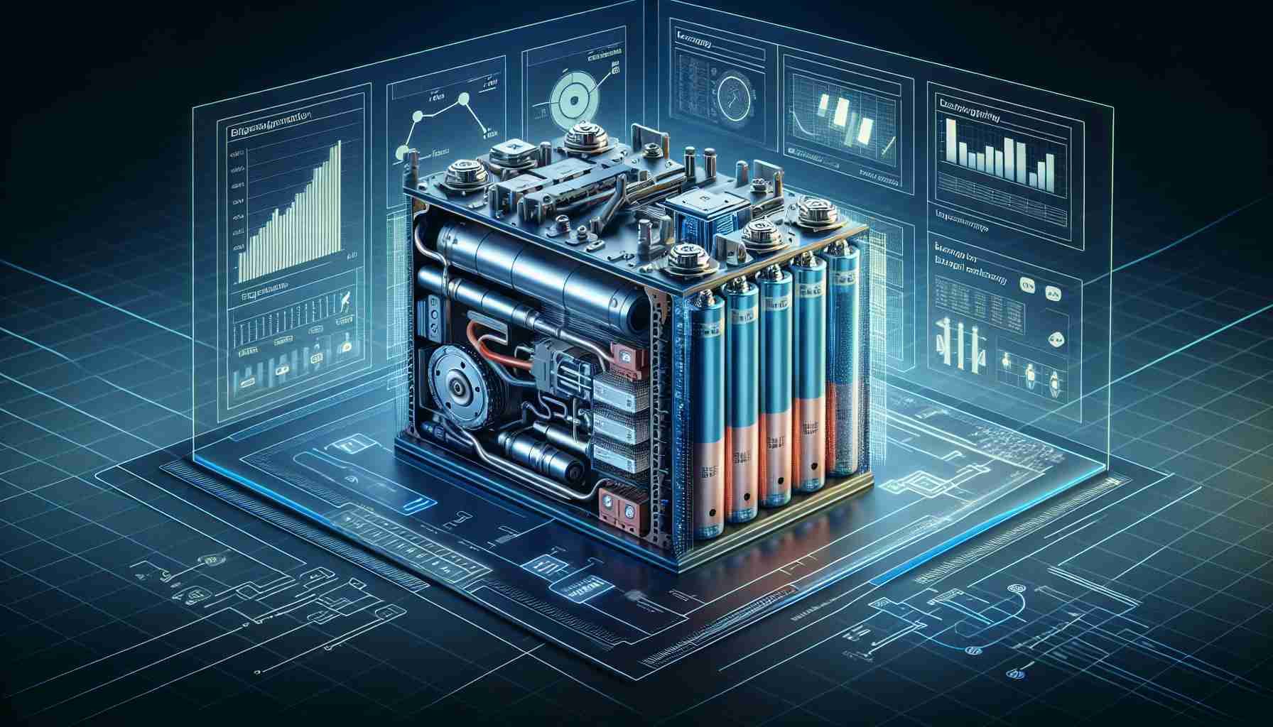 Create a detailed and realistic high-definition image that acts as a visual interpretation of the exploration of the longevity and efficiency of electric vehicle batteries. This could include a cross-sectional view of an electric vehicle battery, with various parts labelled. There could also be graphical interpretations like line graphs and bar charts displayed on the side to show data on their lifespan and energy efficiency. This should be done in a manner that conveys depth and sharpness to signify the high-definition quality.