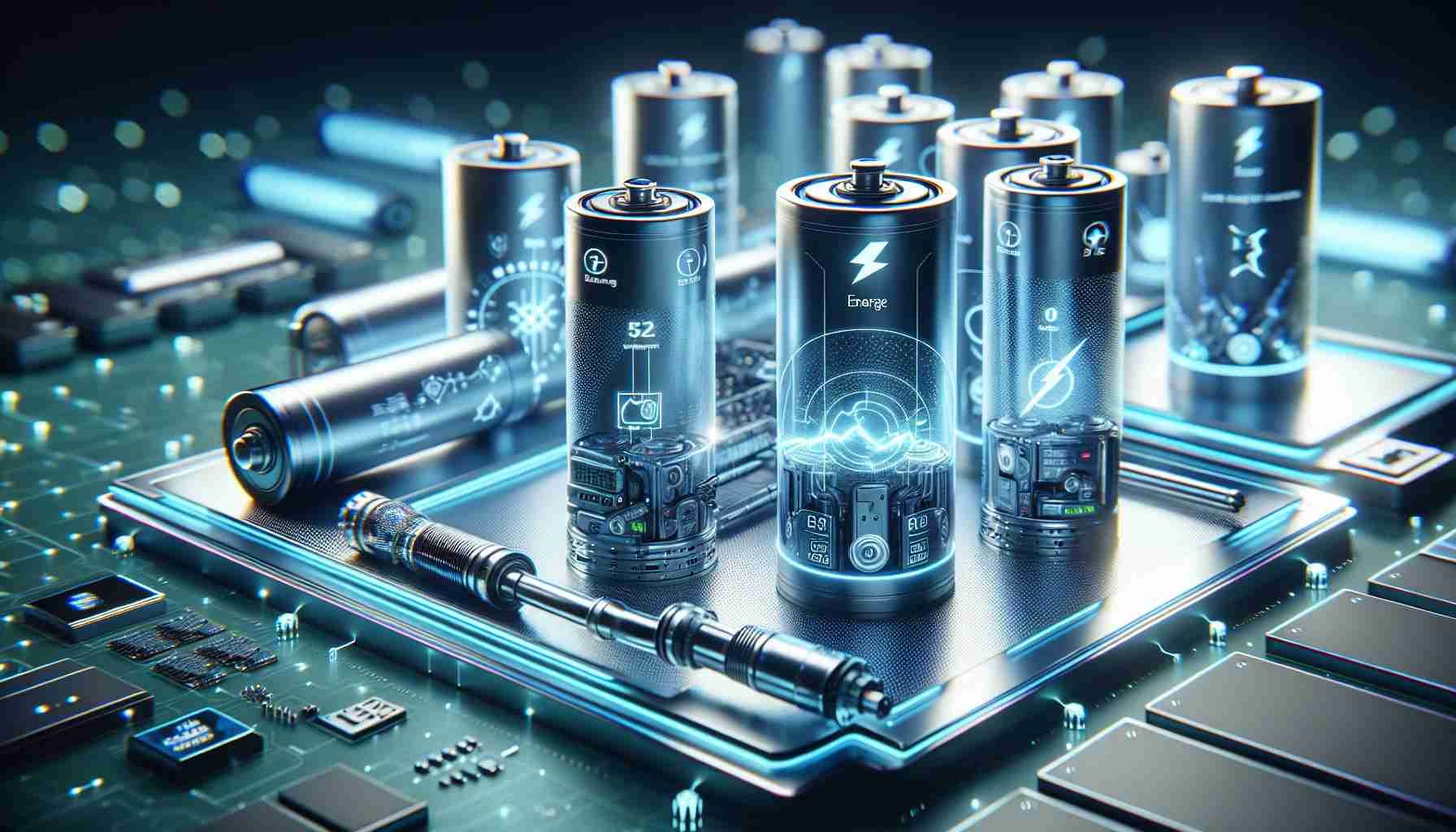 Produce a high-definition, photorealistic image of the future of energy storage. The focus of the image is on next-generation batteries that are revolutionizing the industry. Capture their advanced design, potentially including features like sleek structures, compact size, advanced materials, and digital interfaces. Also, visualize the energy they contain, either through glowing elements or symbols of power (like electricity bolts, energy rings, etc.). It's not a specific product or brand, but an idea. Please refrain from suggesting any specific company or copyrighted design.