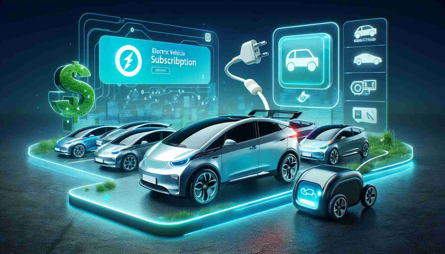 Create a hyper-realistic high-definition image representing an innovative electric vehicle subscription service from a generic automobile manufacturing company. Visual elements to include could be shiny new electric vehicles ready to be borrowed or subscribed to, a digital interface or app showcasing the selection of vehicles available, and an environment that suggests green, sustainable transportation.