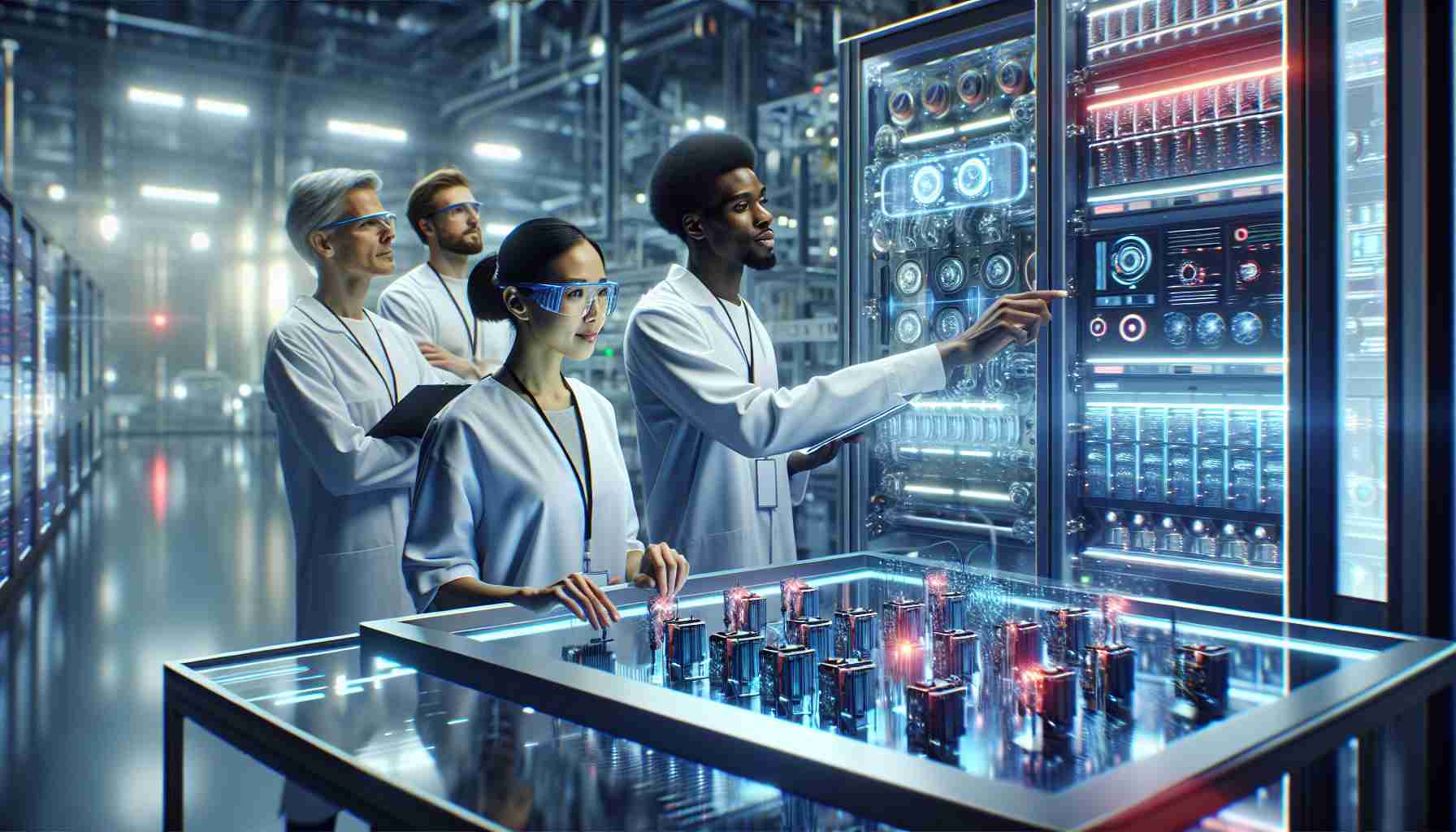 A high-definition image showcasing an innovative scene associated with the energy storage industry. The scene could involve advanced technology set in a modern laboratory or a factory. Skilled professionals of different descents and genders are prominently featured as they interact with futuristic energy storage devices. These professionals may include an Asian female engineer observing the readouts, a Black male scientist adjusting the controls, and a Caucasian woman in a leadership role, possibly running the show. The ambiance should give off a futuristic vibe, with vibrant colors reflecting off the high-tech equipment and sparkling clean surfaces.