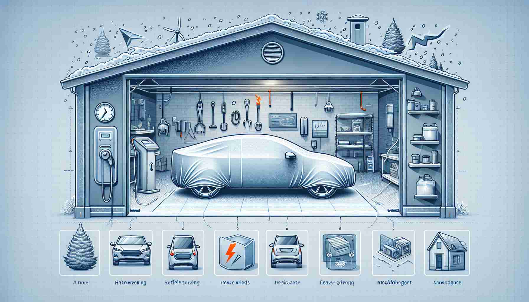 An HD image showing the procedure of safely storing electric vehicles during extreme weather events. Visualize a clean, well-structured garage with the vehicle placed in the center. Include indicators of extreme weather events such as high winds or heavy snowfall visible from windows or doors. The vehicle should be connected to an electric charging point and covered with a specially designed car cover resistant to harsh weather. Add details pertaining to other safe storing practices, like the usage of desiccants or moisture absorbers inside the car to prevent condensation.