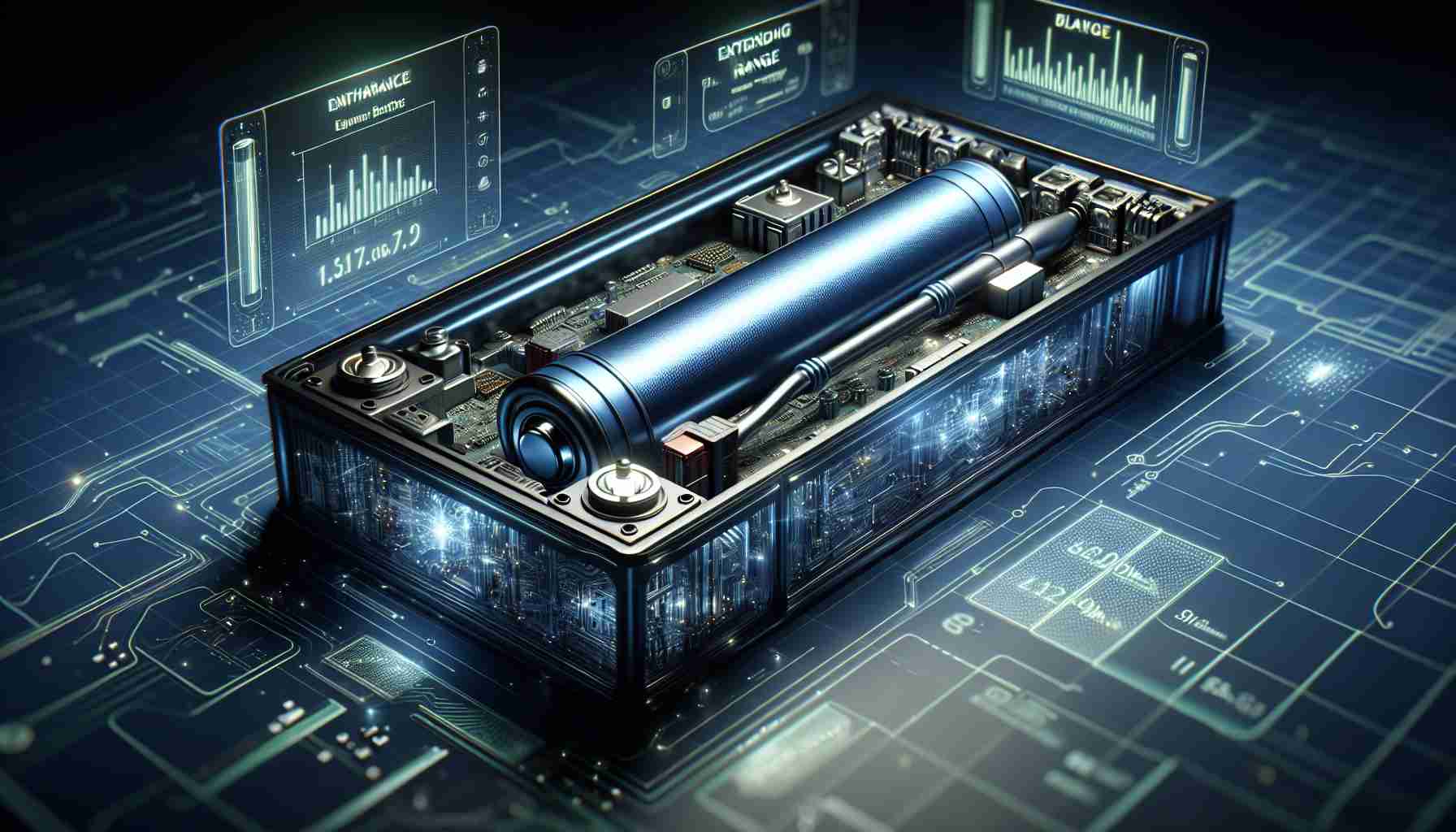 Generate a realistic, high definition image of modern battery technology that is promising enhanced performance and extended range. The battery should be featured prominently, possibly opened up to reveal its sophisticated internal structure. Show elements that indicate its advanced nature -  perhaps complex circuitry, innovative materials, or futuristic design. Include some visual metrics or infographics in the background indicating enhanced performance and longer range.