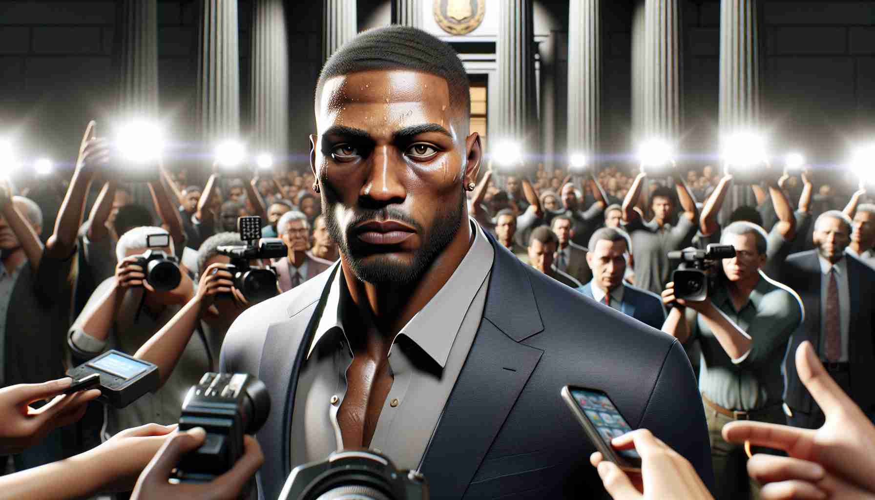 Realistic high-definition image showing a star athlete, a Black male with muscular physique, in a formal suit, appearing distressed and serious. The background consists of a throng of journalists with camera flashlights illuminating the scene. There's a courthouse prominently visible in the background. The overall tone of the image is tense and somber.