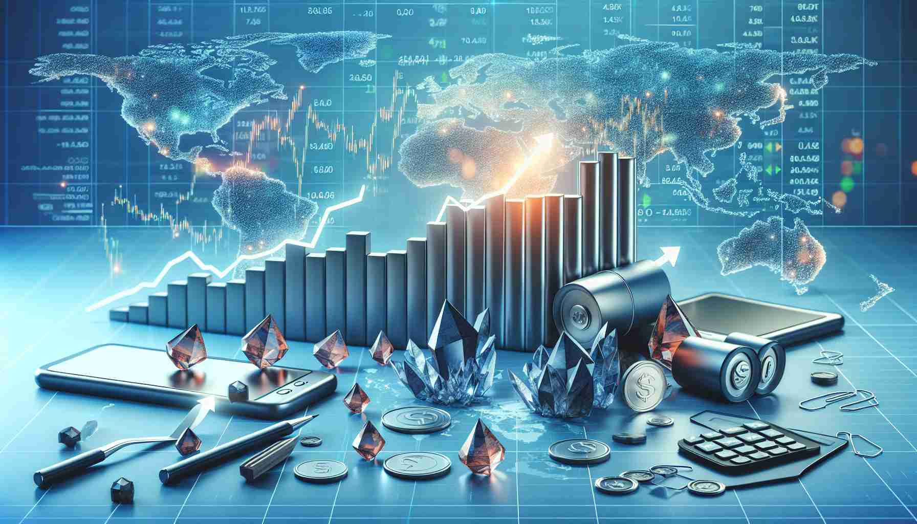 Create a high-definition, realistic image that represents the market dynamics of Lithium and Spodumene. The scene could feature a graph with rising and falling arrows indicating price fluctuations over time. Add symbols or images that represent Lithium and Spodumene, such as lithium batteries and Spodumene crystals. Additional elements such as world map and trading data could be background elements to signify the global impact of these markets.