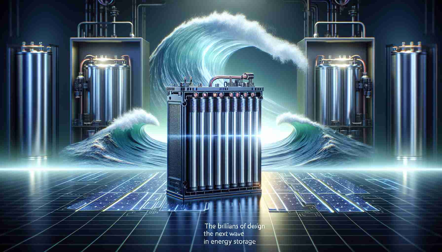 A high-definition realistic depiction of innovative hybrid battery technology, represented as the next wave in energy storage. The scene should prominently display a technologically advanced hybrid battery that blends brilliance of design and efficiency in energy storage. An aesthetic that combines industrial effectiveness with futuristic elegance is desired. The battery should be set against a backdrop that suggests its revolutionary nature, marked by a wave symbolizing the wave of change it brings.