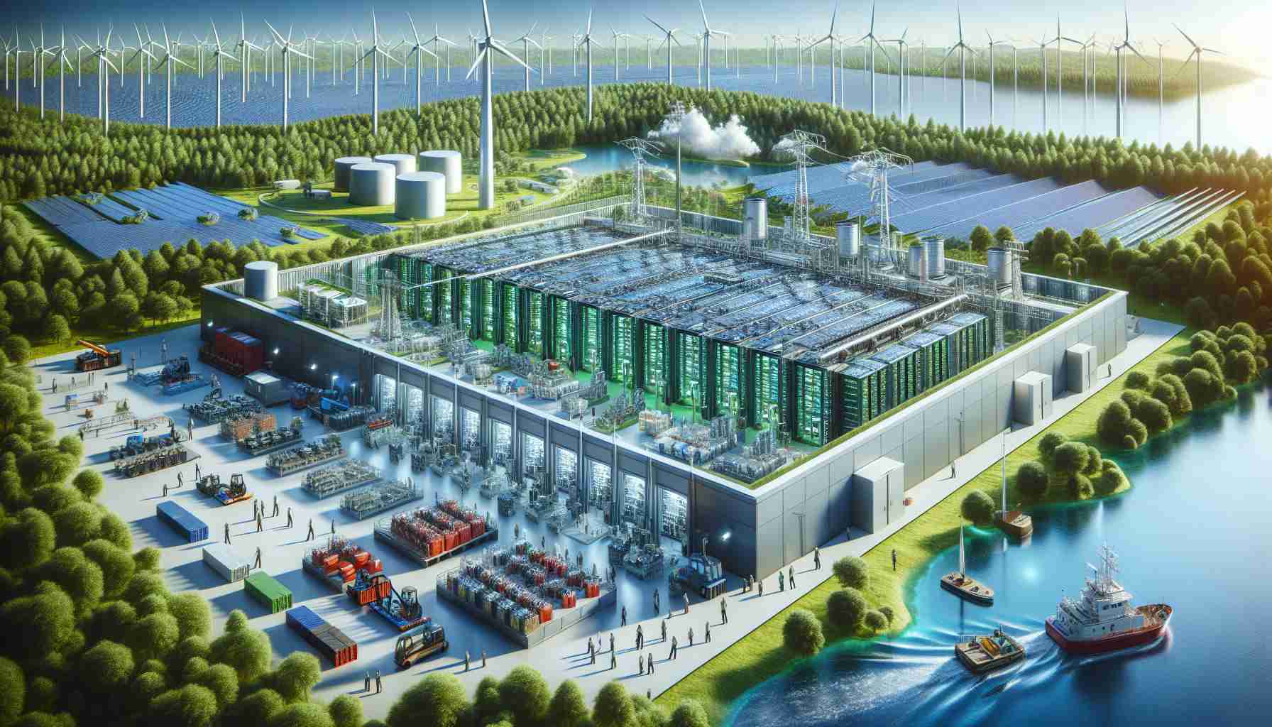 A high-definition, realistic rendering of an innovative energy storage facility, the new frontier for sustainable solutions. The facility is filled with cutting-edge technology such as high-capacity batteries, solar panels, wind turbines, and other renewable energy harvesting equipment. Surrounding the facility is an environment symbolizing sustainability, such as a lush green forest, clear flowing river, and a cloudless blue sky. Details emphasizing the transformative power of these sustainable solutions, such as clean energy flowing or pulsating from the technology and a diverse group of engineers and scientists, of different genders and descents working meticulously, should be visually prominent.