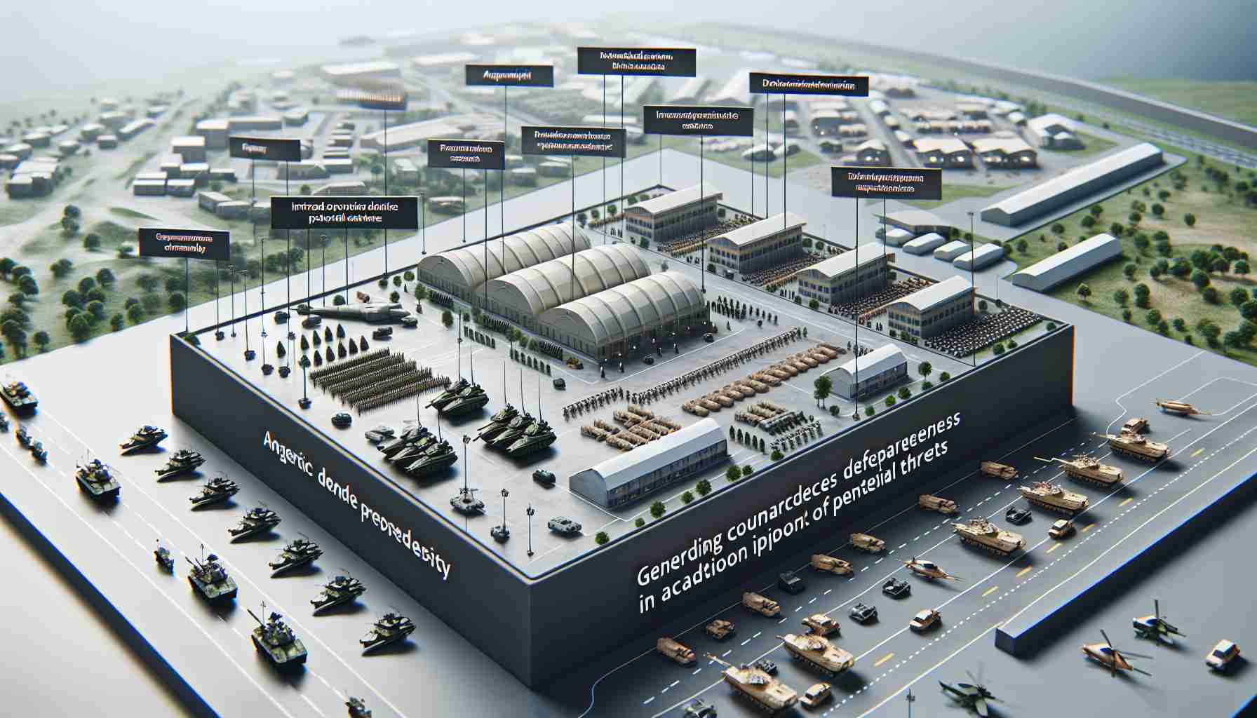 A high definition, realistic portrayal of a generic country increasing defense preparedness in anticipation of potential threats. Visualize an upgraded military base with reinforced structures, increased number of vehicles such as tanks and helicopters, intensified training activities among the soldiers, and technologically advanced surveillance systems, among others.