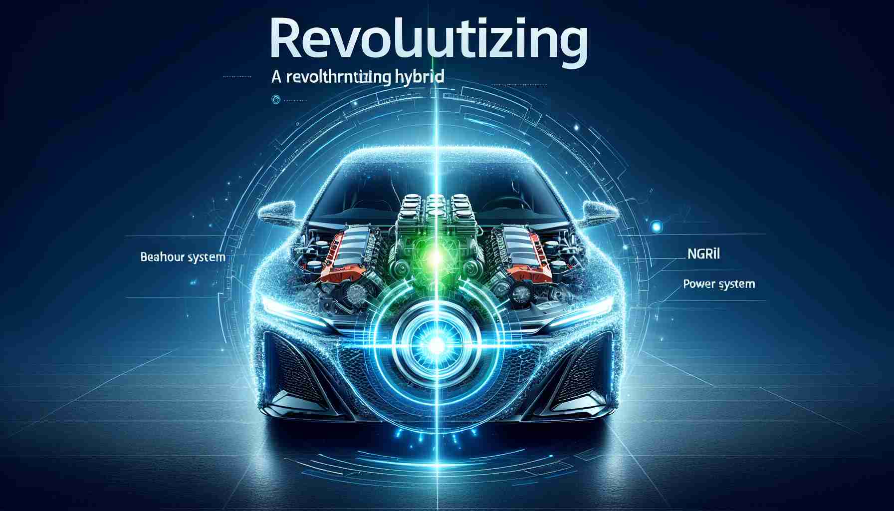 Generate a realistic and high-definition image representing the concept of revolutionizing hybrid vehicles. It should focus on a breakthrough power system named 'NRG+'. The image may visually depict a cutting-edge hybrid vehicle with notable features indicating its hybrid technology. The power of 'NRG+' could be symbolized by vivid graphics or light effects around the engine area. This should feel modern, clean, and significant, conveying the idea of a future revolution in hybrid technology.