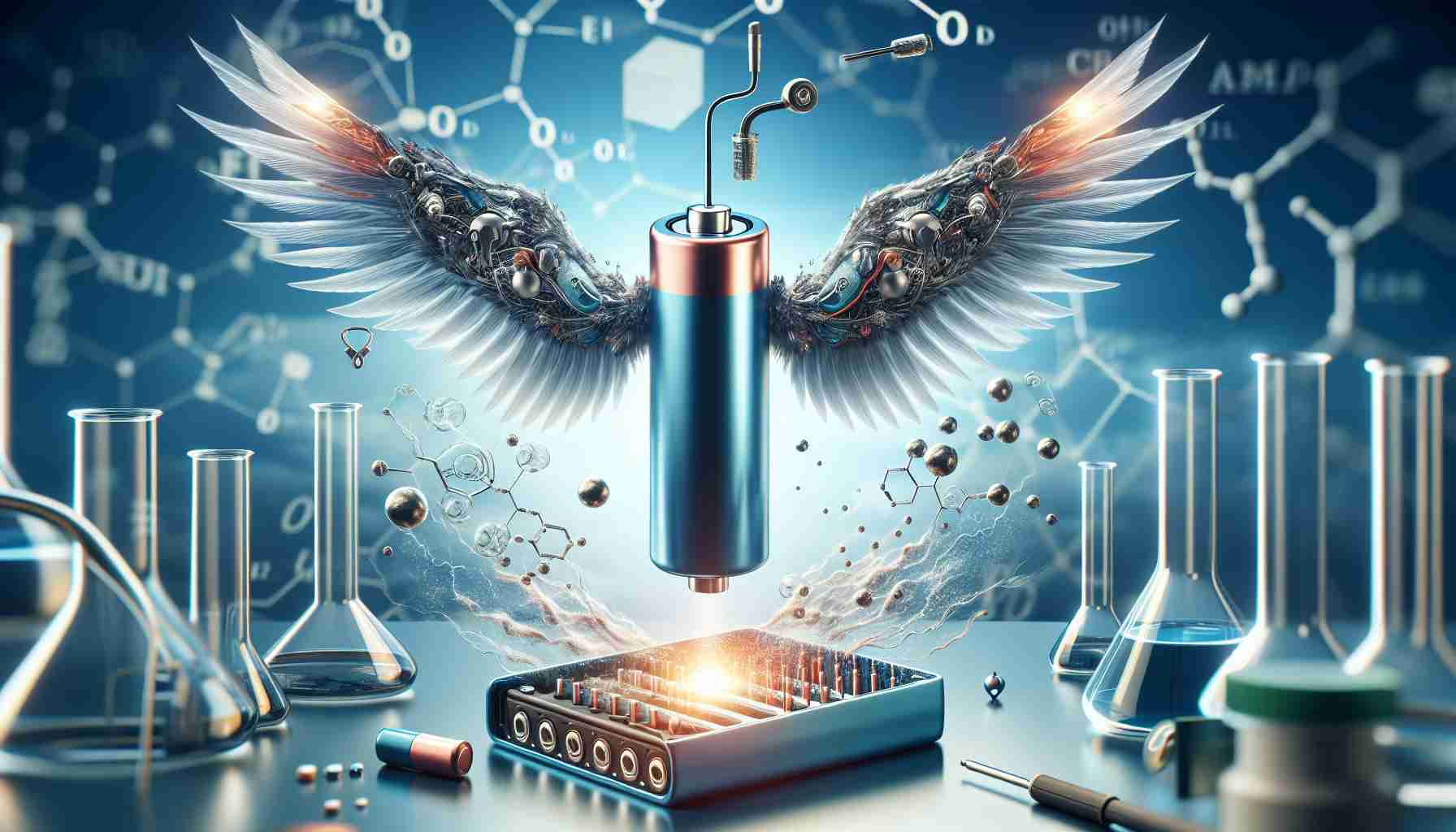 Create a realistic, high-definition illustration representing the breakthrough in advanced lithium-ion battery technology, embodied as it 'takes flight'. The image could showcase a battery with wings to symbolize the new technology soaring, along with a detailed close-up of its high-tech internal components, such as electrodes and electrolytes. Abstractly depict high energy density and longer lifespan, the key advantages of this new technology. Please also include a background featuring a mixture of laboratory environment and clear blue sky, signifying the blend of scientific invention and high aspirations.