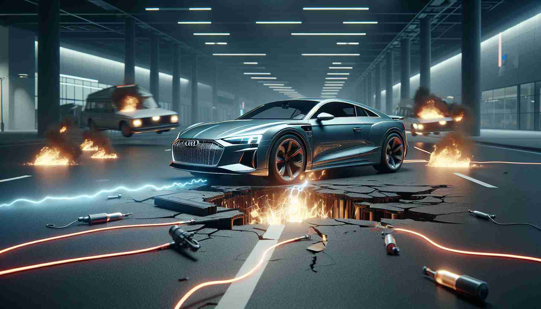 A realistic, high-definition image illustrating a recall scenario with Audi's E-Tron GT sparking additional safety concerns regarding electric vehicles. The scene depicts a flaw or issue with the vehicle's design or functionality that has led to its recall, abstractly communicating the overall concern about electric vehicle safety.