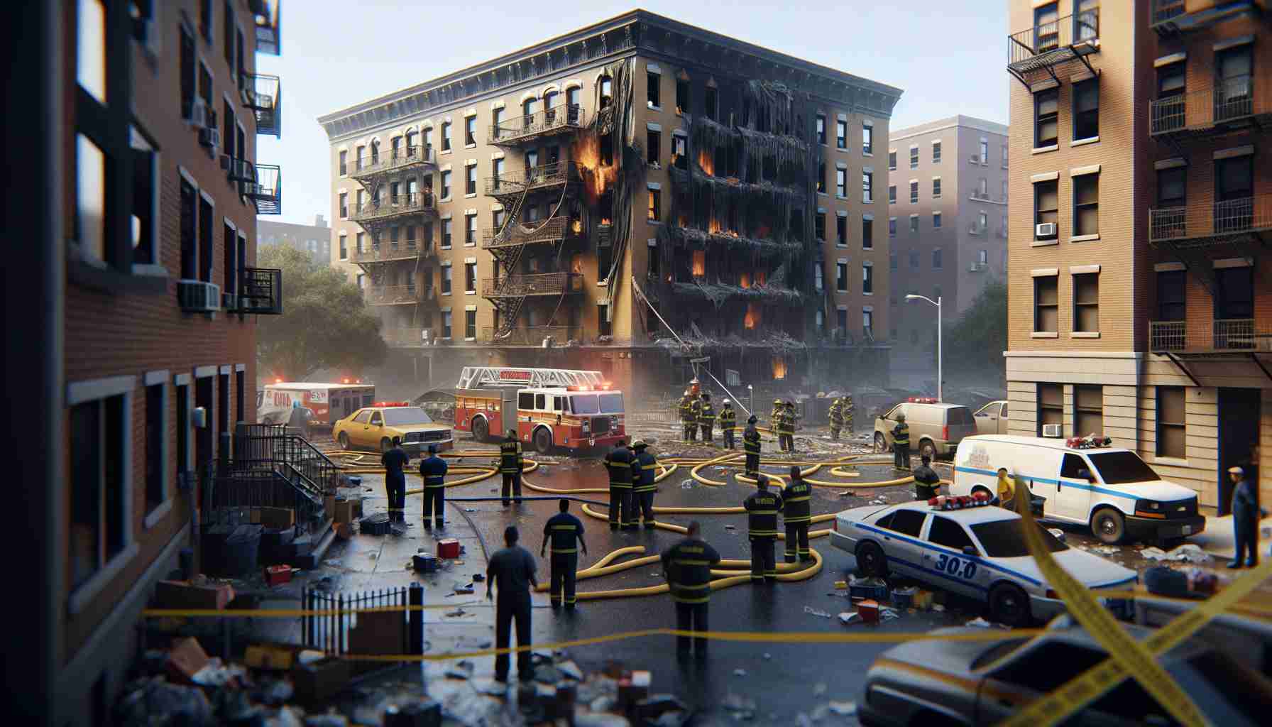 Realistic high-definition image of a residential building in the Bronx, showing the aftermath of a severe fire. The scene features emergency services working around the charred remains of the building, yellow caution tape flapping in the wind, and bystanders with somber expressions watching nearby. No individuals are in immediate danger or distress. Authorities are investigating the scene, and there is a strong sense of community unity. No representation of life loss or harm to individuals.