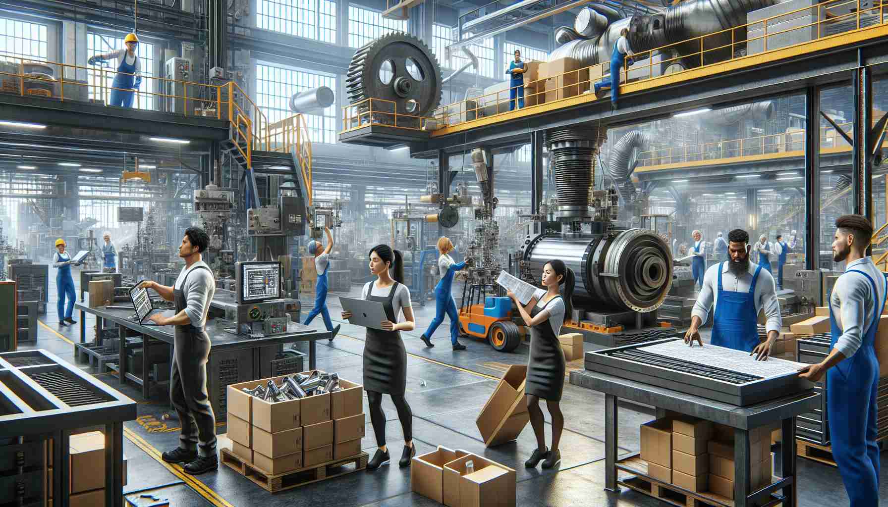 High-definition digital rendering of an active industrial manufacturing site. Various workers can be seen engaged in their tasks while dealing with challenges. A South Asian woman is operating complicated machinery, a Caucasian man is carrying heavy materials, a Hispanic woman is refining the product quality, and a black man is troubleshooting the production issues. The surroundings are complete with arrays of industrial equipment, raw materials, infused with a bustling ambiance.