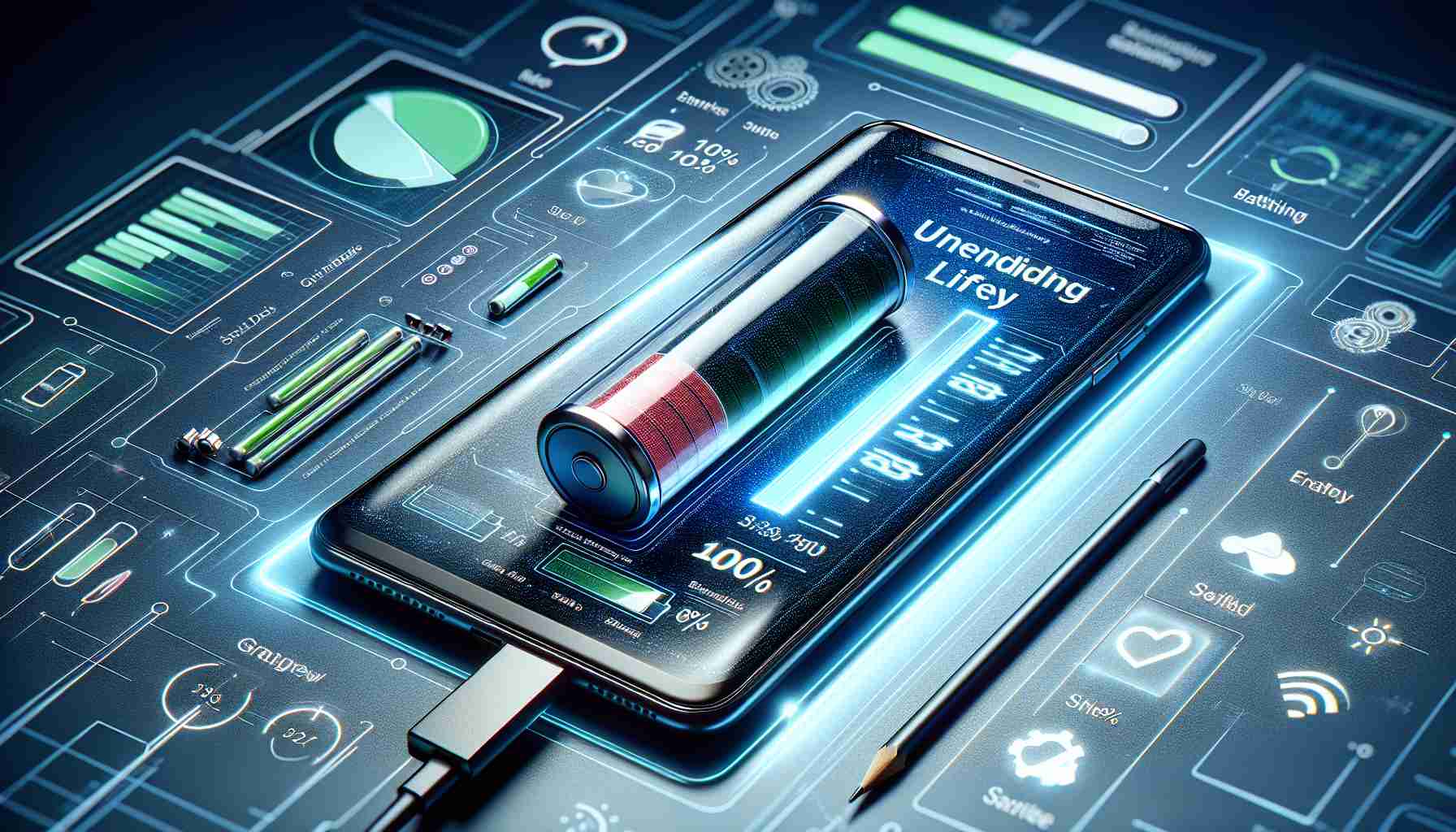 Generate a high-definition, realistic image representing the concept of unprecedented battery life on a groundbreaking smartphone. The image could include a detailed and sophisticated smartphone lying on a sleek surface, its screen displaying an unending battery icon or a battery percentage at 100%. Additionally, visual elements suggesting user satisfaction such as positive review symbols or a user looking impressed with the phone could be included.