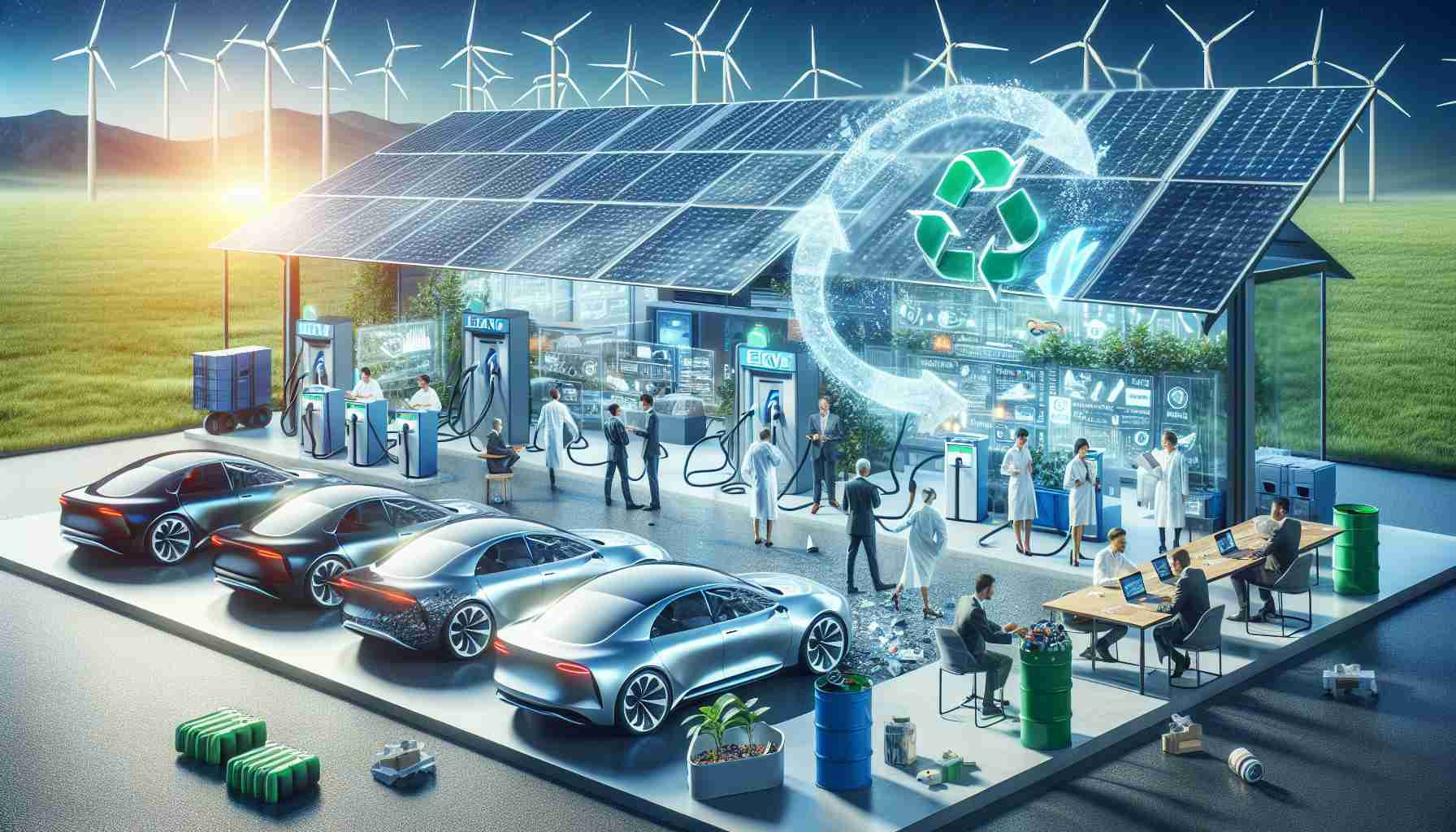 A high-definition, realistic image showcasing the sustainable future of Electric Vehicle (EV) technology. This could include a scene of elegantly designed electric cars being charged at a renewable energy charging station, perhaps fully powered by a nearby solar or wind farm. It could also include engineers and researchers of diverse descents and genders working together in a laboratory, brainstorming innovative ideas for EV.  Furthermore, there could also be a representation of recycling battery waste, emphasizing the circular economy within this sustainable future.