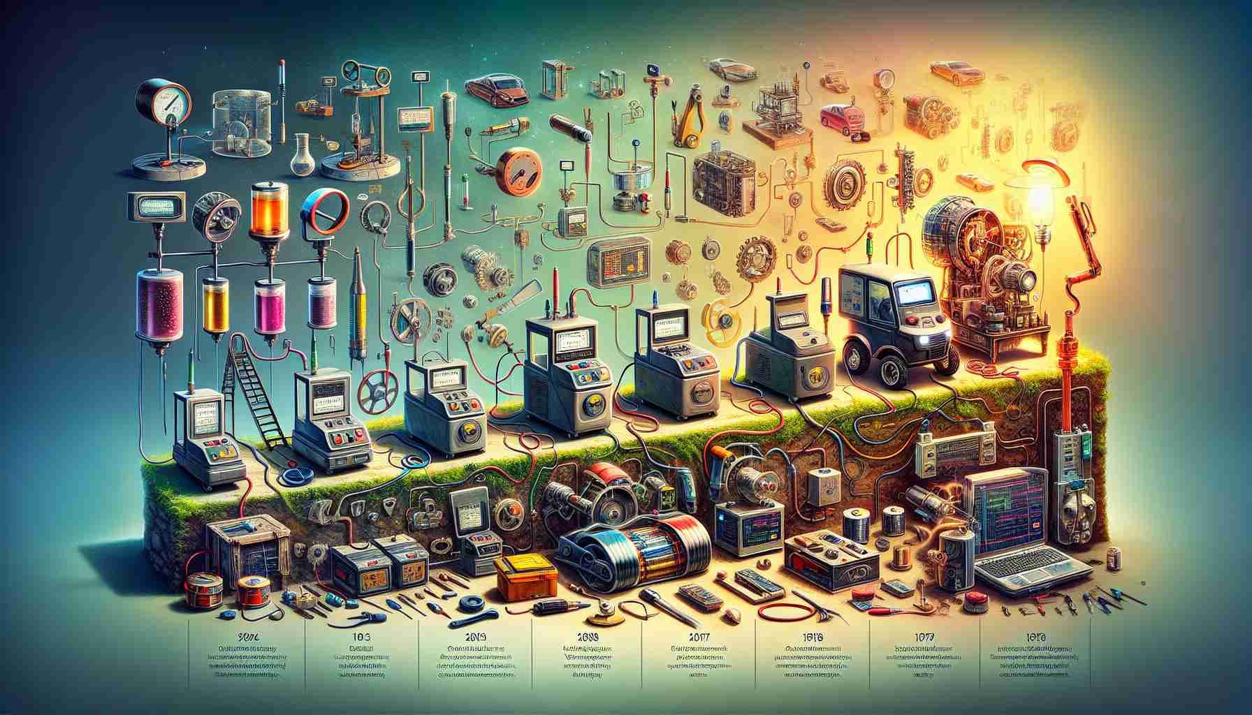 A realistic high-definition image representing the evolution of battery testing innovations. It includes a timeline starting from the earliest methods of testing, like using simple voltmeters and hydrometers to modern, sophisticated, automated battery testing systems. Each stage in this evolution is shown with visually detailed illustrations of representative technologies or tools, along with text labels indicating the era of their use. The scene is vibrant and filled with intricate details, showing the complexity and changes of the technology over time.