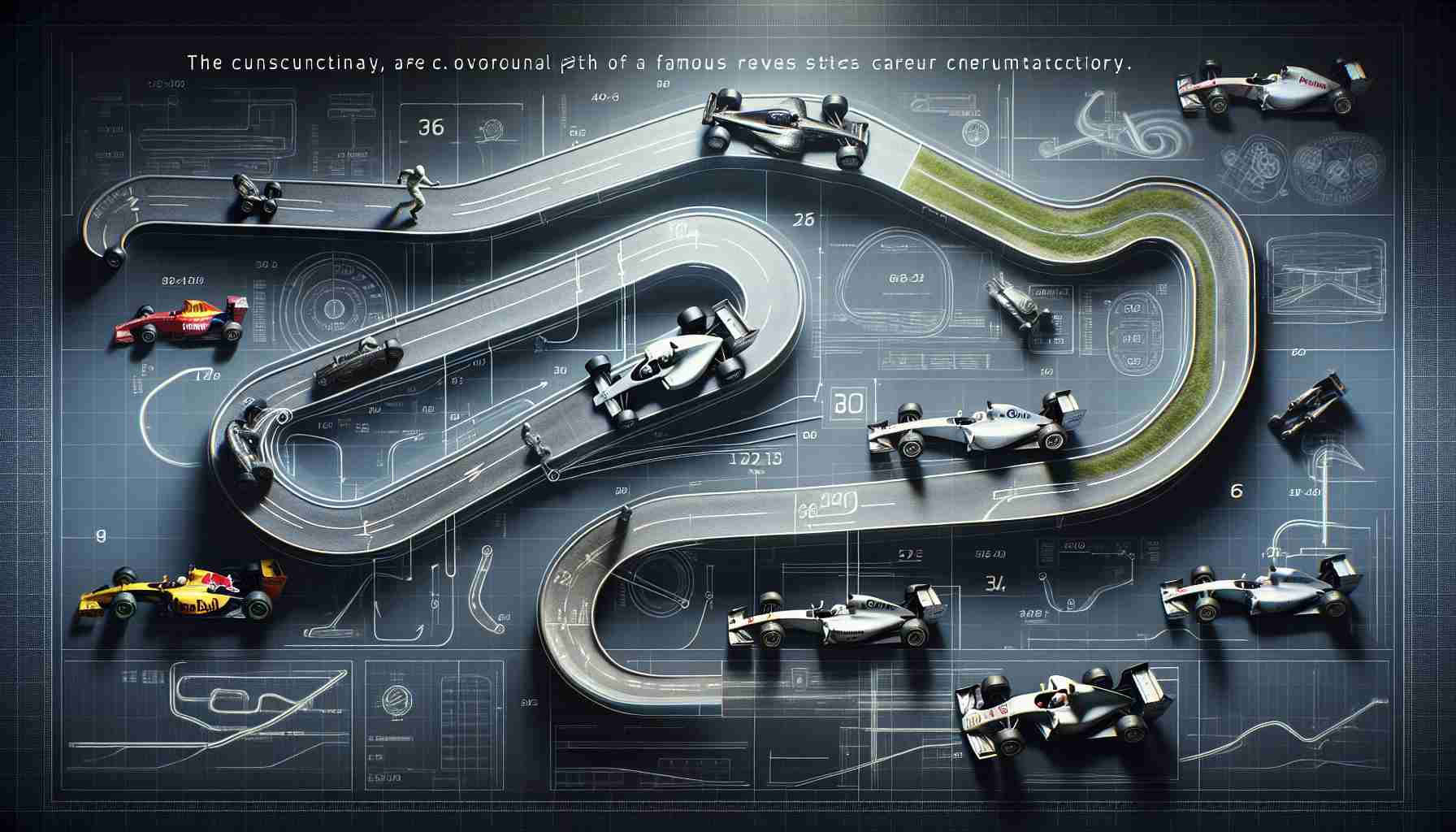 A realistic, high-definition image capturing the unconventional path of a famous car racer in Formula 1. The illustration showcases the journey of the racer, which is marked by several circuits, races and car models. It also reflects the racer's triumphs and struggles, hinting at the revelatory nature of his unique career trajectory.