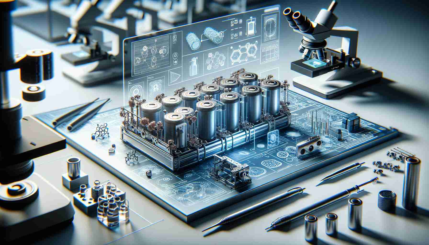 Generate a realistic, high-definition image that illustrates the concept of groundbreaking battery technology being achieved through the use of innovative materials. The image should highlight a cutting-edge battery in detail, showcasing various components made from these unique materials. The setup should convey a laboratory-like ambiance, with precision tools and microscopes used for research and development. Additionally, include graphical illustrations or diagrams providing insight into how these new materials enhance the battery's performance, boost its charge capacity, and contribute to its sustainability.