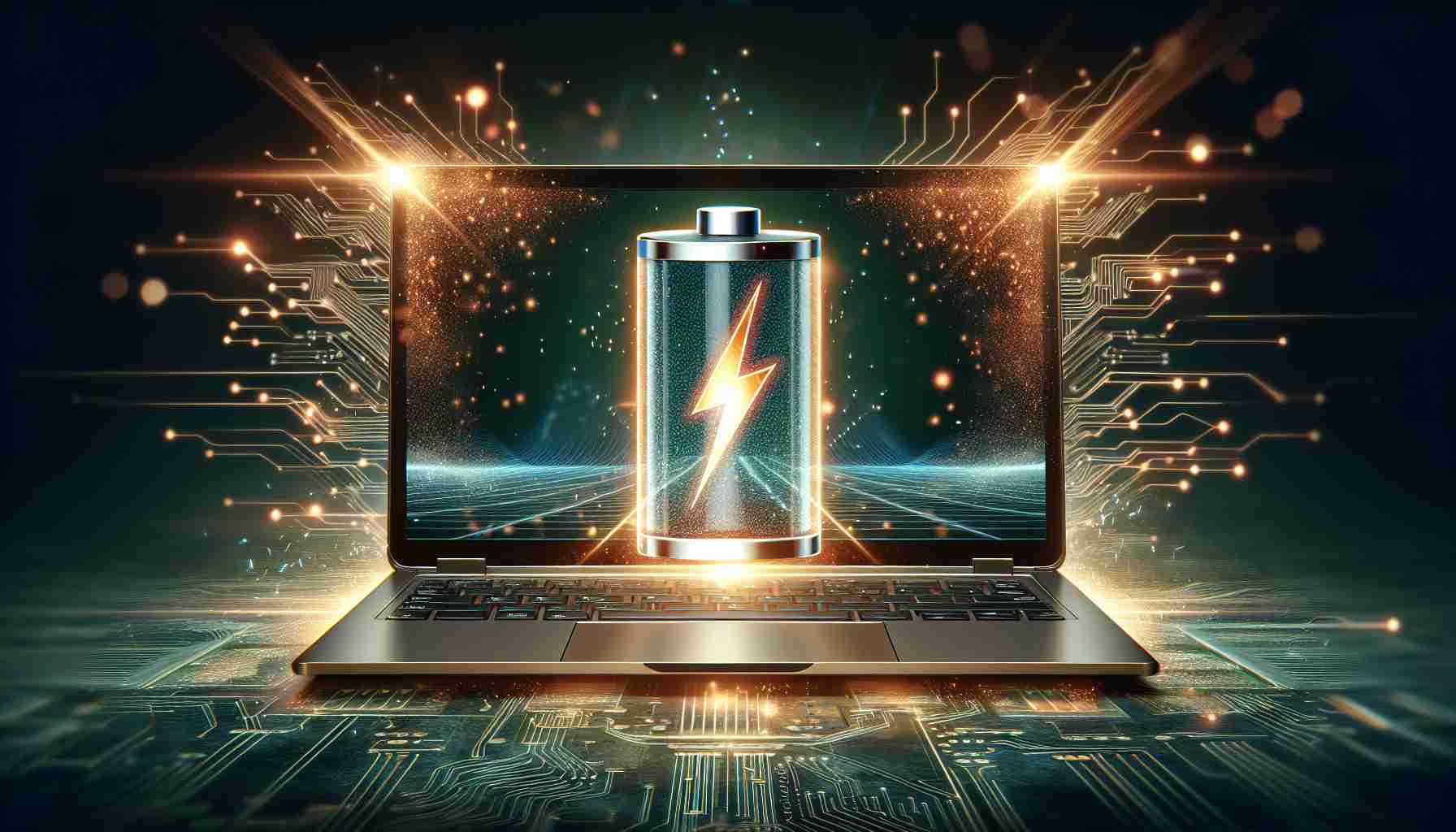 Create a high-definition, realistic image that signifies a new era for workstation laptops, characterized by significantly improved battery life. The image may feature an advanced workstation laptop design highlighting a large battery symbol, indicating extended longevity. Surrounding the laptop can be glowing energy particles or rays to represent the improved battery power and an electronic circuit or grid in the background that signifies technology advancement.