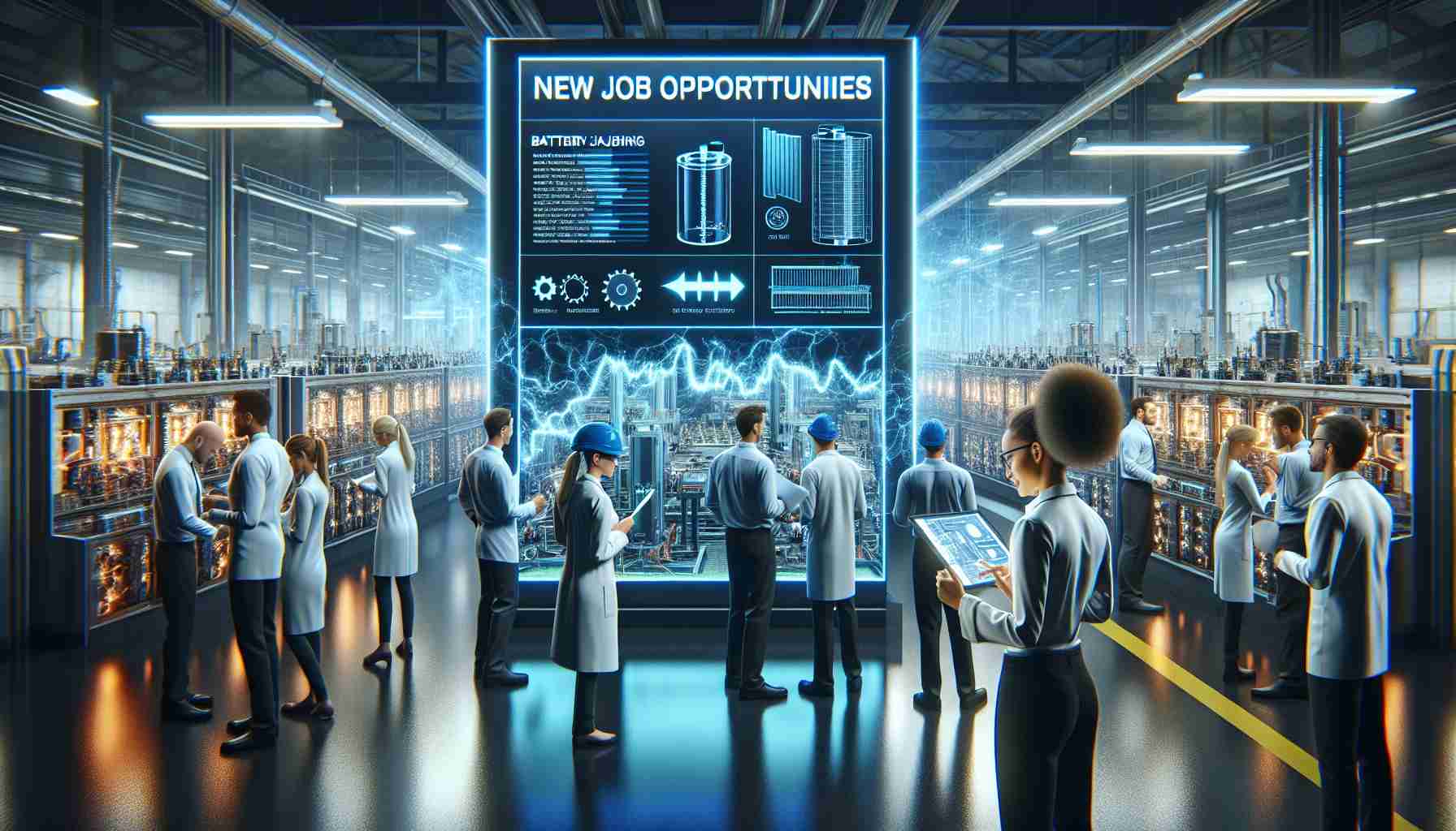 High-definition image showing a modern cutting-edge battery manufacturing facility filled with pulsating energy and technological advances. The scene includes an info board displaying 'New Job Opportunities', allowing viewers to imagine the promising careers offered at this state-of-the-art industry. Surrounding the board are diverse individuals, including a Caucasian female engineer examining a blueprint, a Black male technician operating machinery, and a Hispanic female scientist checking data on her tablet, all displaying the harmony of teamwork and innovation.