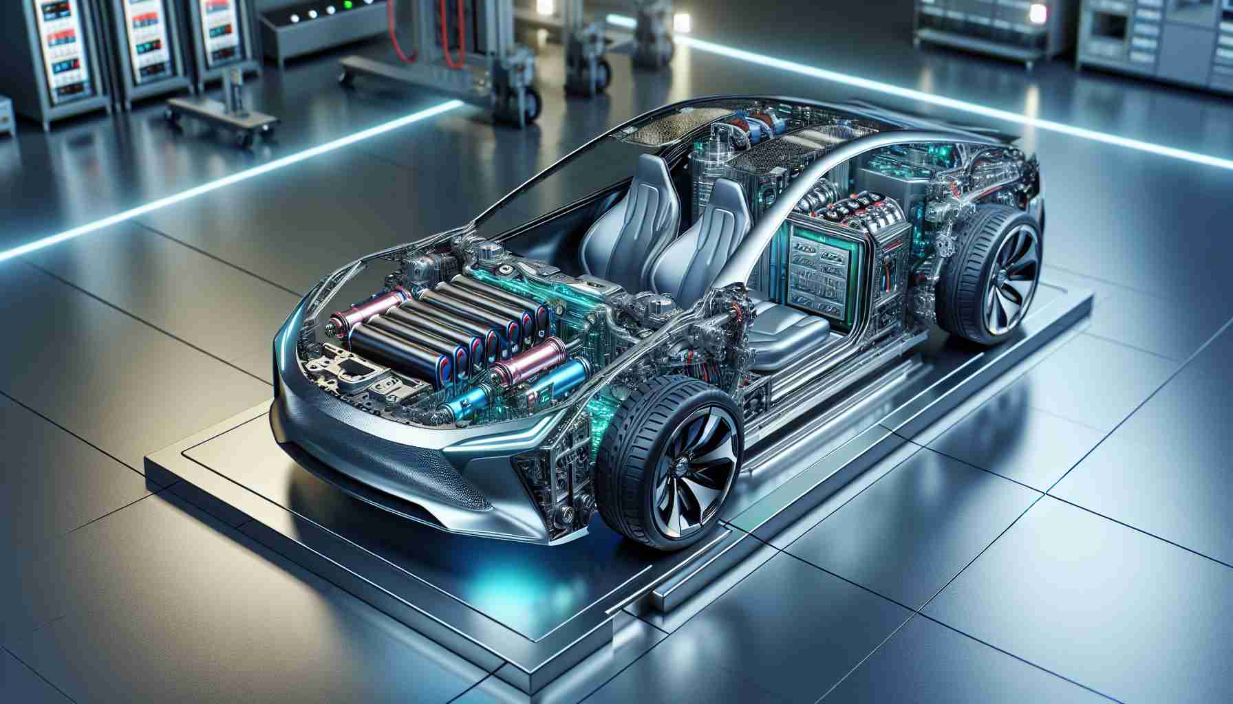 A highly detailed and realistic image depicting advanced battery technology revolutionizing the field of hybrid vehicles. It should showcase a futuristic hybrid car model that's open to reveal an intricately designed, high-capacity battery within its chassis. The battery itself is sleek, futuristic, and adorned with various technological advancements. Use a palette of metallic grays and blues to reflect the modernity of the technology, punctuated with flashes of vibrant color representing the energy stored within the power cells. All this should be set in a well-lit, sterile looking lab setting, underlining the scientific and innovative aspect of the scene.