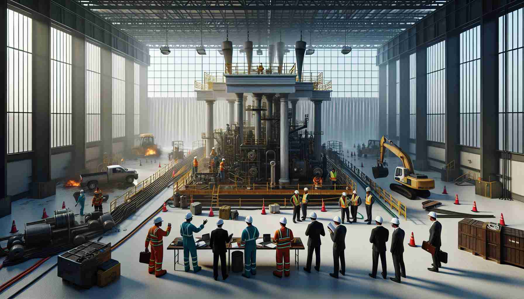 Generate a hyper-realistic, high-definition rendering of an industrial accident scene rectified before it escalates to legal proceedings. The image should depict a potentially dangerous situation at an industrial site that has been hasty yet efficiently dealt with. Workers in safety gear can be seen discussing the resolution and equipment is being repaired or replaced. A courtroom backdrop fades into the distance to symbolize the averted legal battle. Ensure the inclusion of multiple races and genders among the workers to showcase diversity; for instance, a Black female worker talking to a Hispanic male worker, a South Asian female worker repairing the equipment, and a Caucasian male worker discussing with a Middle Eastern female worker.