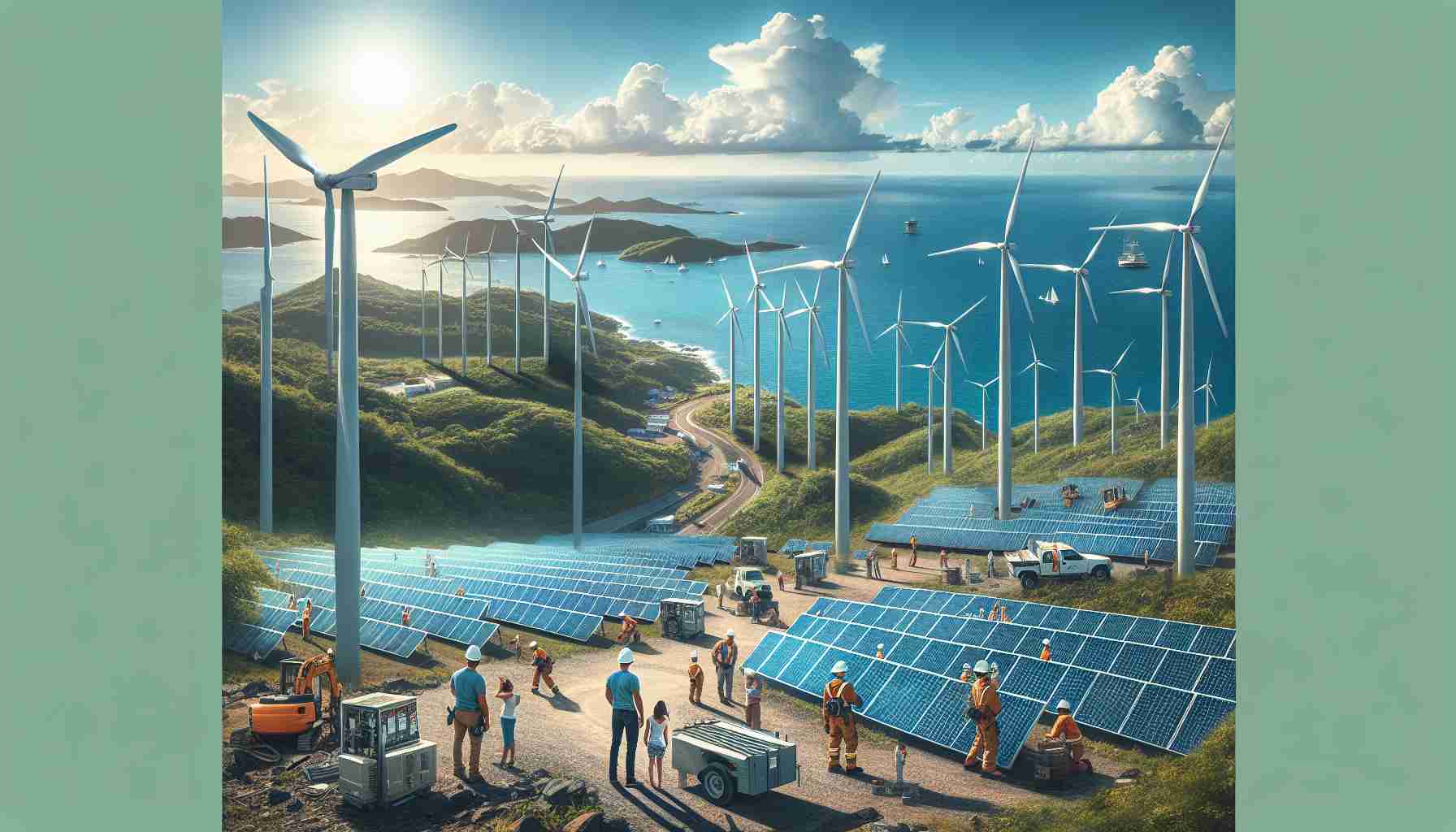 Generate a realistic high-definition image that represents the revolutionary transformation of energy infrastructure in Puerto Rico. The image should feature modern solar panels and wind turbines installed across the hilly landscapes, possibly near the coast. Envision bright sunny weather with crystal blue skies, reflecting the abundance of renewable energy sources. Note several utility workers of different descents such as Caucasian and South Asian, both men and women engaged in their respective tasks. Also, depict residents witnessing this change with a sense of hope and excitement.