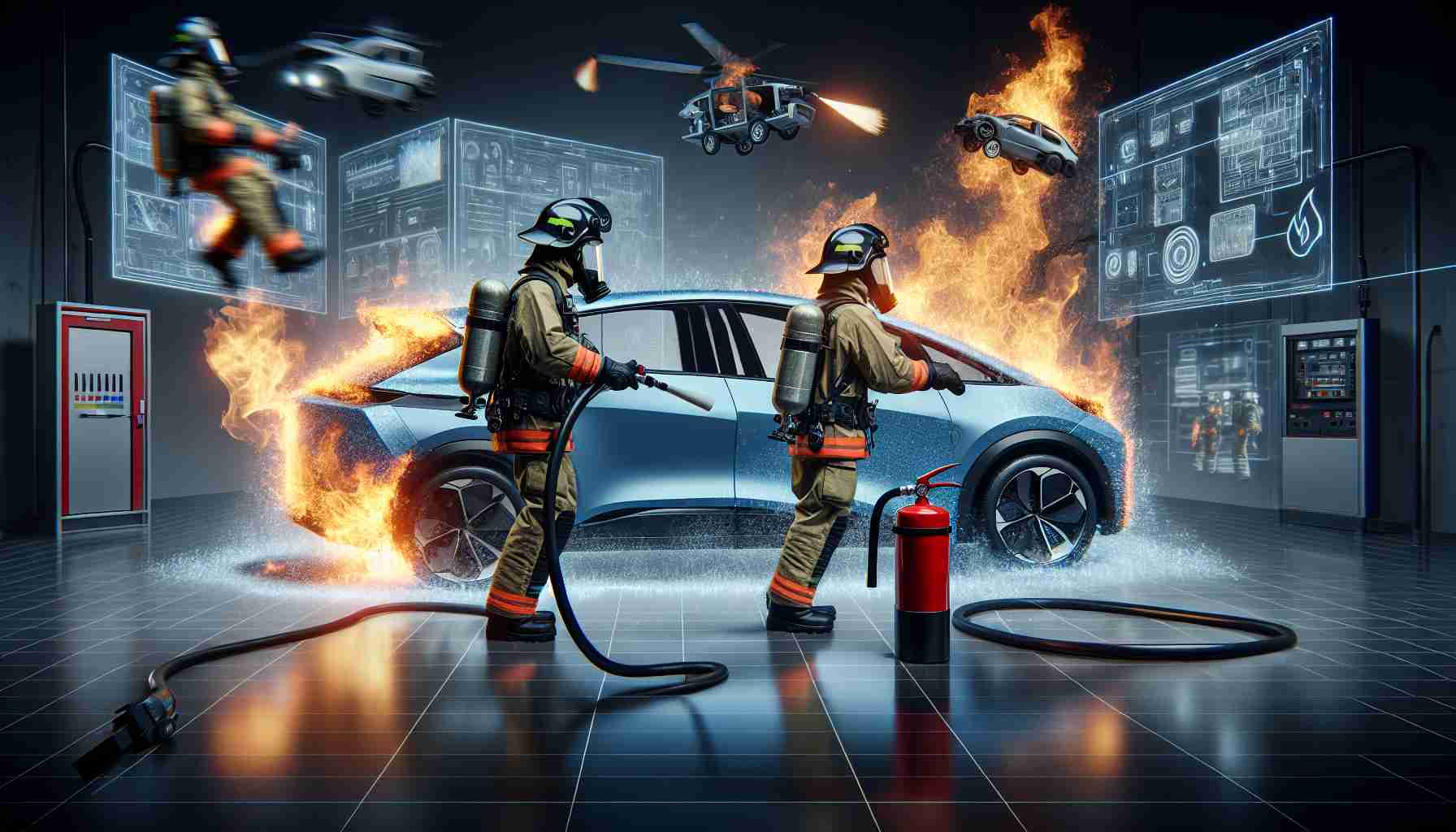 A realistic high-definition image of advanced firefighting solutions specifically designed for electric vehicles. Capture multiple dynamic elements such as specially equipped fire extinguishers, protective wear, and evacuation procedures. The scene should represent innovation and progressing technology in this field with an eye on the future, safely tackling the challenges presented by electrical fires in modern vehicles.