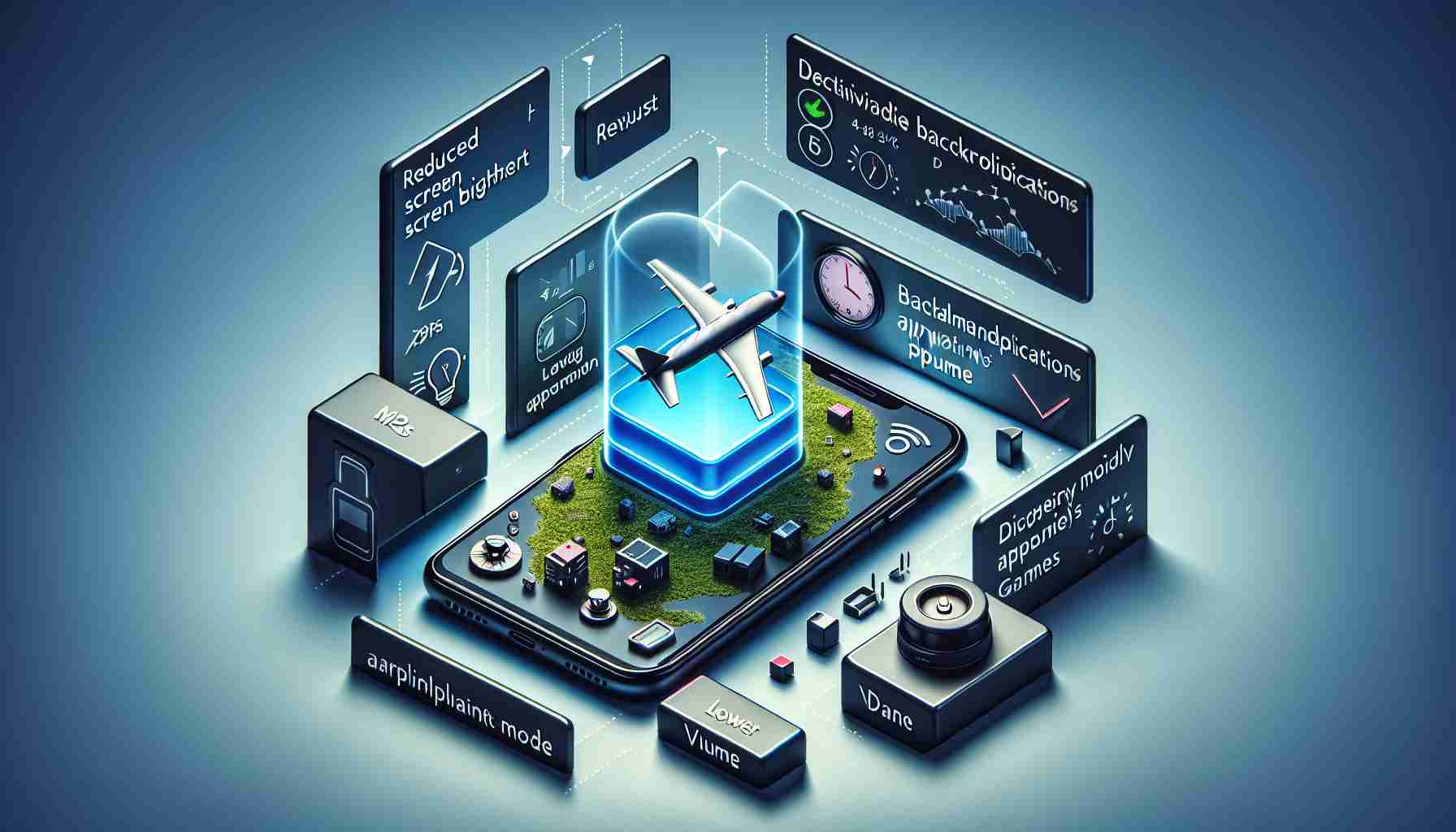 A high-resolution, lifelike image illustrating efficient methods to improve the battery life of a typical smartphone. This may include the display of reduced screen brightness, deactivated background applications, Airplane mode, lower volume, and perhaps even the non-usage of high-drain applications such as GPS or graphically-intensive games. The smartphone is featured prominently in the center, with pictorial elements or infographics indicating these power-saving methods around it.