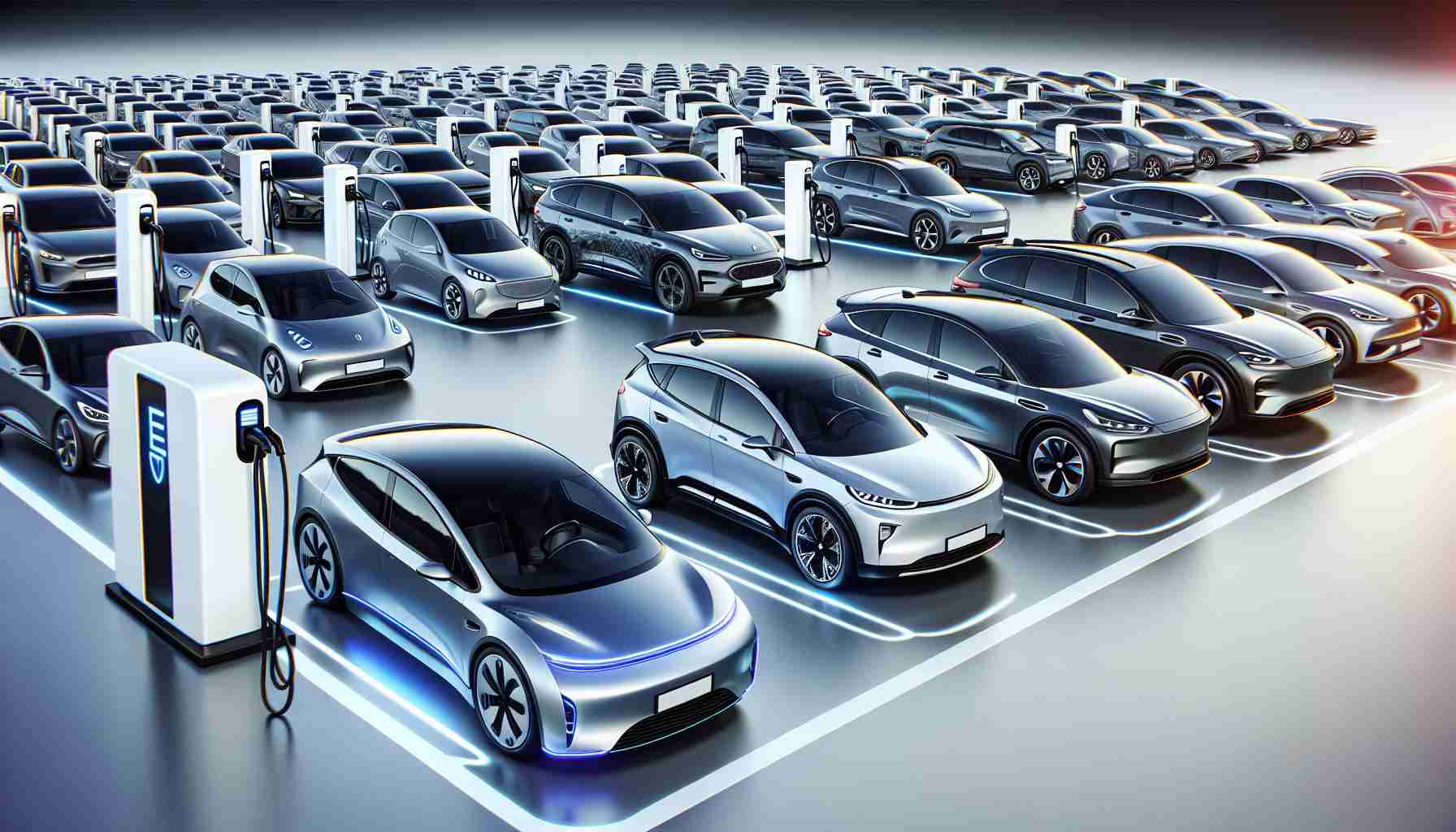 Generate a high-definition, realistic image showing a variety of electric vehicles lined up, indicative of phenomenal growth. Depict a wide range of shapes, sizes and designs reflecting advancements in technology. The automobiles should range from compact city cars to large family SUVs, all powered by electricity. The design of each vehicle can be sleek and modern, with features such as LED headlights and aerodynamic bodies. Also, include charging stations in the background to emphasise the electric nature of these vehicles.