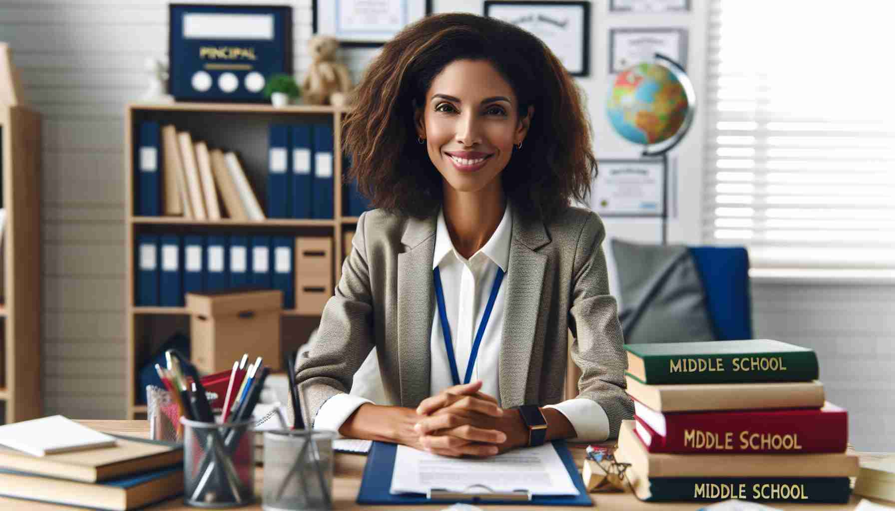 A high definition, photorealistic image of a middle school principal, a professional African-American woman in her office, surrounded by books, educational certificates, and school paraphernalia, looking relieved and happy. Please note that she has no specific identity but represents any principal who has been cleared of charges.