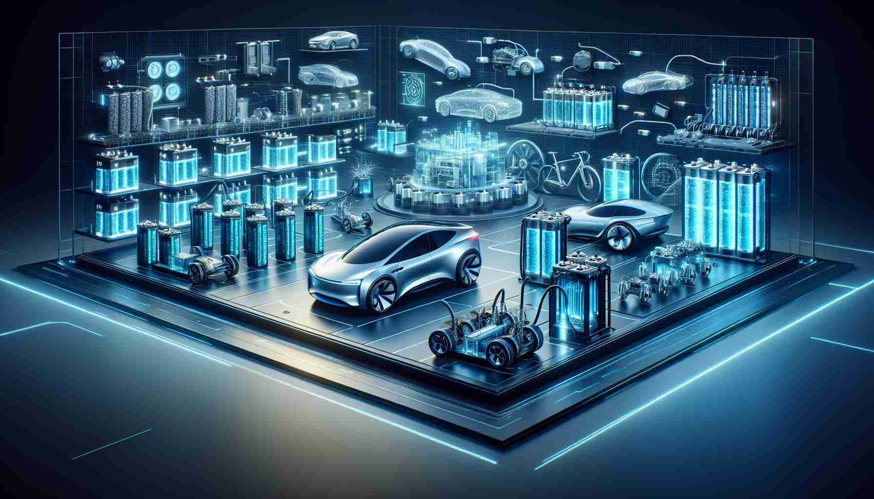 Visualize an image that showcases the future of electric vehicle batteries. The image should illustrate advanced technology and innovation, with a well-arranged showcase of various electric batteries envisioned for future electric vehicles. Make it as realistic as possible in HD quality. It might include batteries that are dramatically smaller and more effective, built with possibly new, experimental materials. Some batteries might be displayed in conceptual vehicles, while others might be showcased in innovative ways, such as being flexibly shaped or installed in different parts of a vehicle. The atmosphere should reflect an optimistic and groundbreaking future.