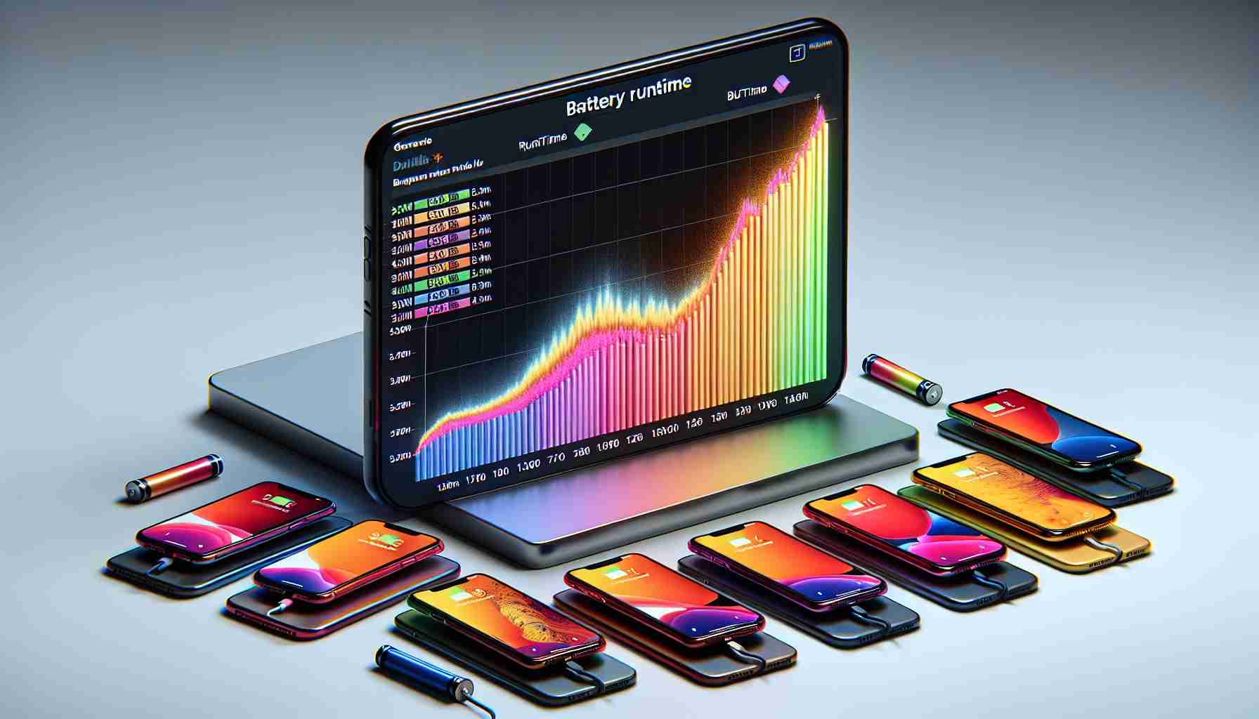 Generate a realistic high-definition image of a graph on a digital screen, illustrating the battery runtime of various iPhone models. The graph is dynamic, with vibrant color coding for each model and clearly labelled axes for 'Battery Runtime' and 'iPhone Model'. One specific iPhone model, depicted in a surprising bright color, surpasses all other models in runtime, visibly dominating the chart. Digital mock-ups of the iPhone models being tested are neatly arranged below the graph, showcasing their respective designs.