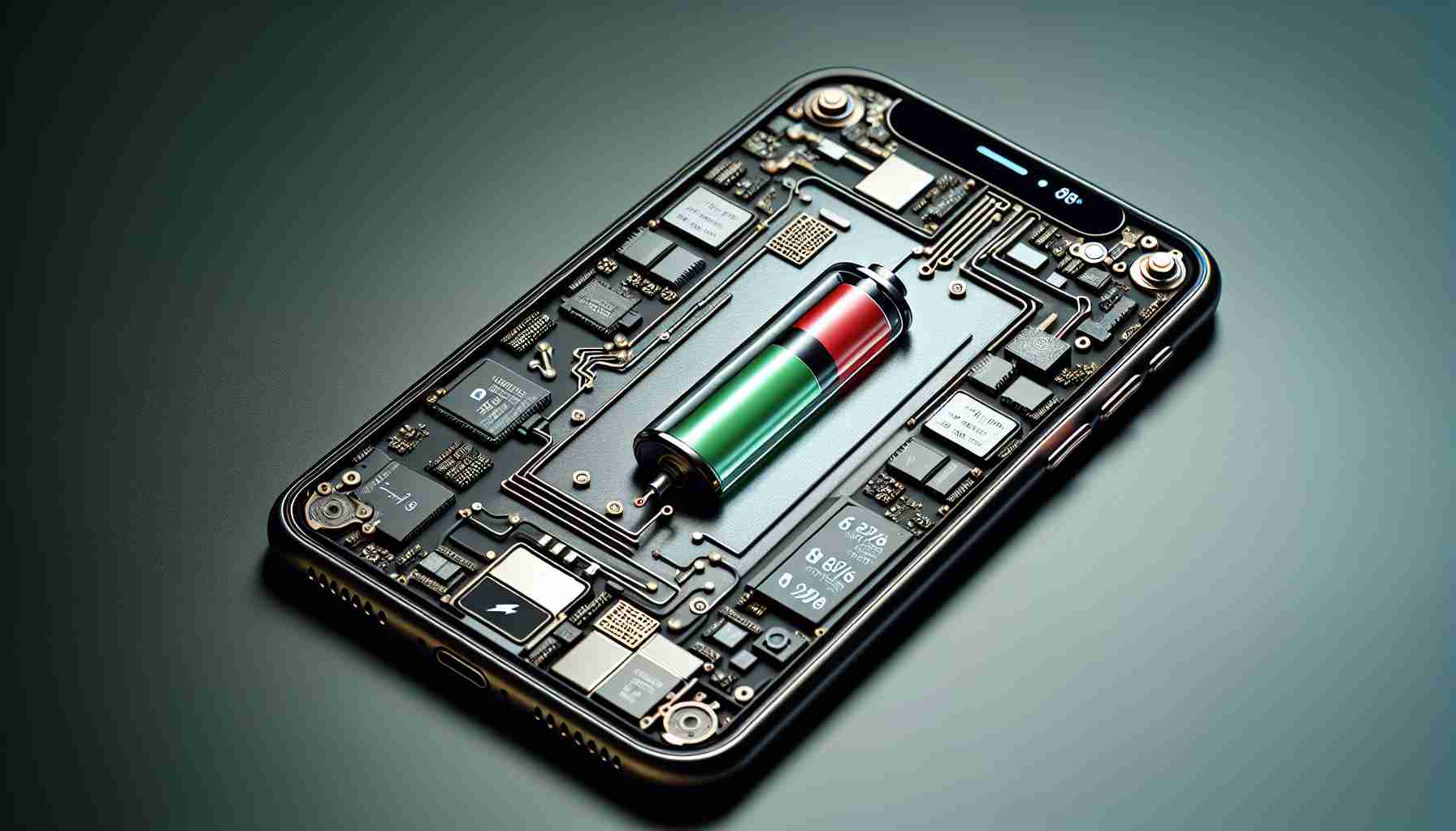 High definition, realistic image of a concept for an 'iPhone 16' device with visual representation of its possible battery challenges. This might include symbols or indicators of battery life such as a low battery icon, electrodes, and circuitry. The device should be presented as being analysed or investigated, to depict the notion of exploring these challenges.