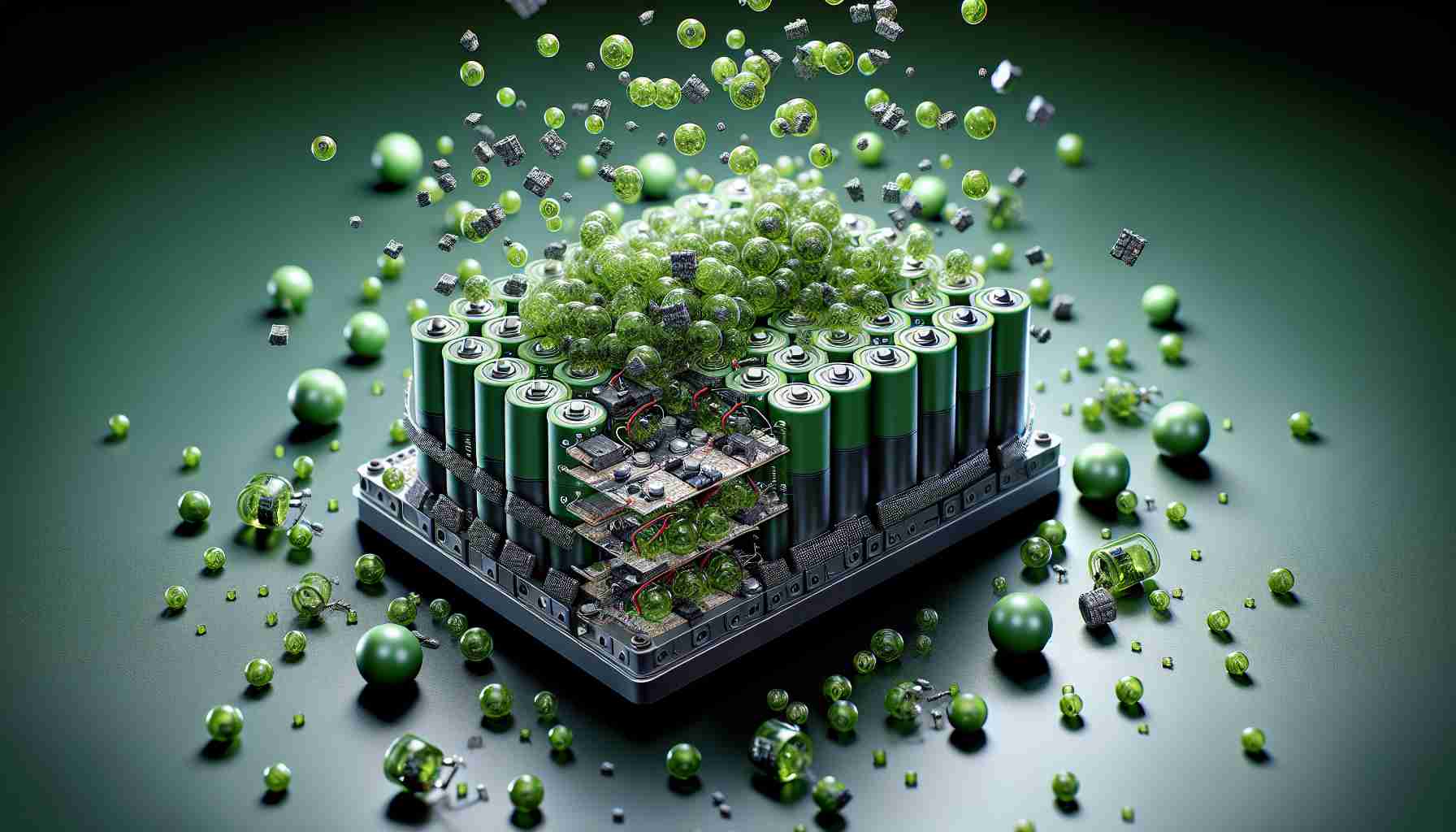 Create a detailed and realistic HD image that visually represents revolutionizing battery technology through the use of biodegradable micro-scale batteries. The image should showcase clusters of these tiny batteries, rendered in high detail to reveal their unique construction and their environment-friendly design. The layout can demonstrate how they are tiny yet powerful energy sources fueling various devices, and highlight their green, eco-conscious aspect, perhaps by showing them in the process of harmlessly decomposing into the soil.