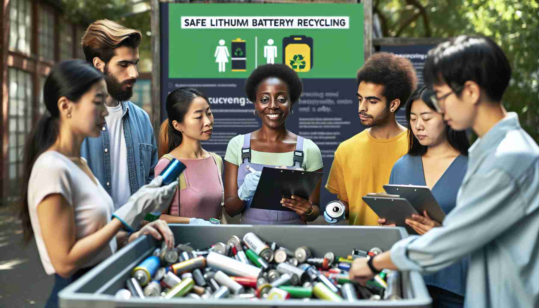 High-resolution image showcasing a safe lithium battery recycling initiative in a community setting. Depict a diverse group of individuals, including a female Asian environmental educator, a Hispanic male volunteer, and a Black female community member, all involved in sorting, educating and promoting battery recycling. The setting is a public space, perhaps a park or a community center, adorned with recycling bins, informational posters about battery recycling and safety. Ensure the image emanates a sense of cooperation, responsibility, and eco-friendliness.