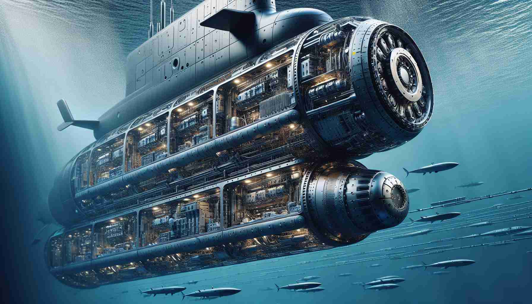 A highly detailed photo realistic view of cutting-edge submarines with innovative energy storage systems. This technologically advanced scene should depict the submarines underwater, showcasing their sleek design and modern build. It should also visibly depict the advanced energy storage components that set these machines apart. The image should convey the sensation of silent underwater movement and the extraordinary engineering efforts that went into their design and construction.