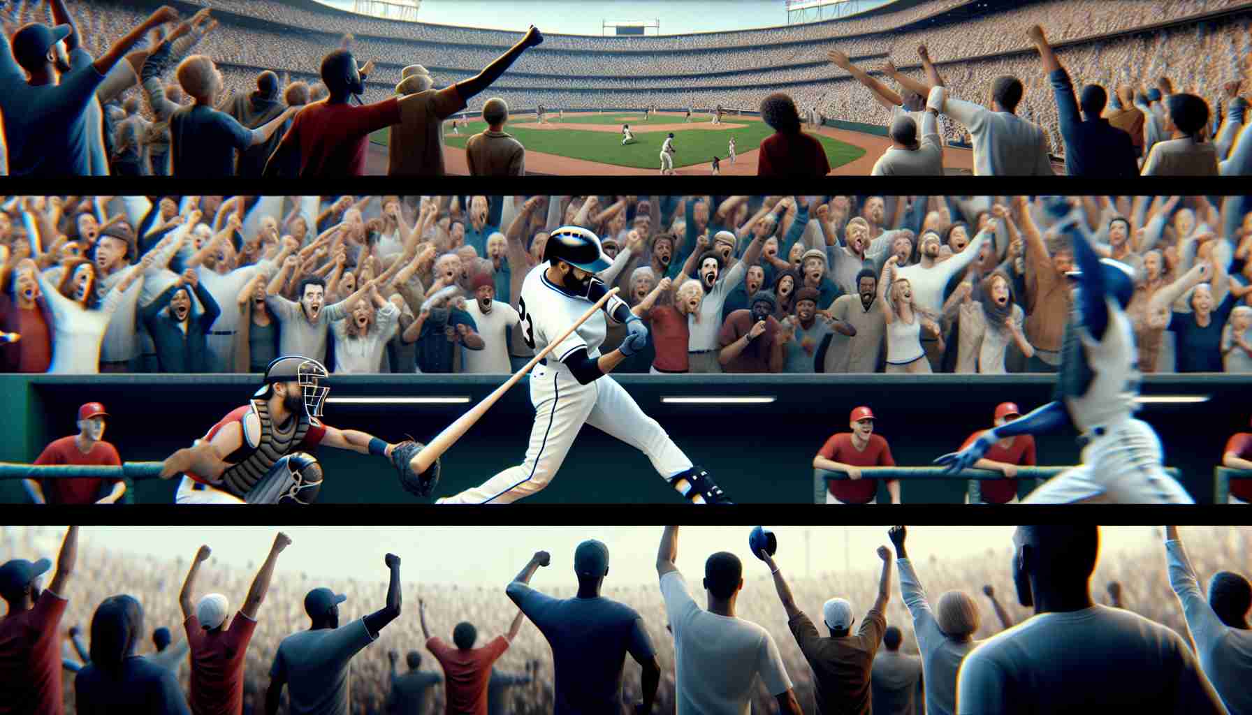 A high-definition, realistic compilation of memorable moments in baseball history. Visualize a powerful home run swing from a masked player, the crowd's euphoria during an unexpected play, a triumphant team celebrating a hard-earned victory. Seamless transitions between these scenes could represent time passing. Note the diversity in race and gender among the players and crowd, from black to white, Hispanic to Middle-Eastern, South Asian and more, and a mix of male, female, and non-binary individuals.