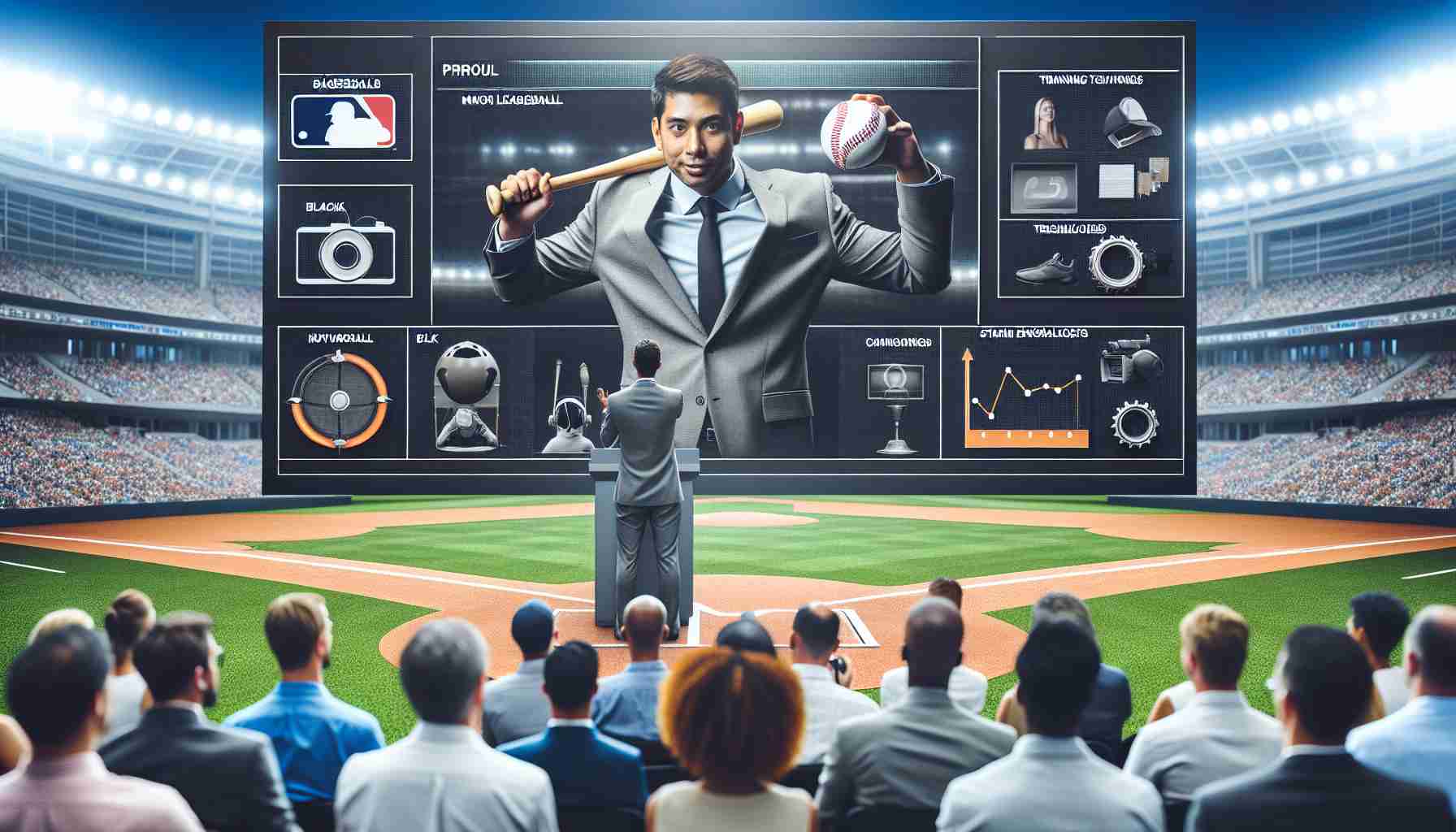 Generate a high-definition photo realistically depicting a scene where the latest advancements in Major League Baseball are being unveiled. This could include new professional baseball equipment, training technologies, or stadium enhancements. The milieu should be a press conference where a diverse group of journalists, of varying genders and diverse descents like Caucasian, Hispanic, Black, Middle-Eastern, and South Asian, are present. The person unveiling the developments should be a South Asian male in professional attire holding up the new equipment or presenting the updates on a large screen.