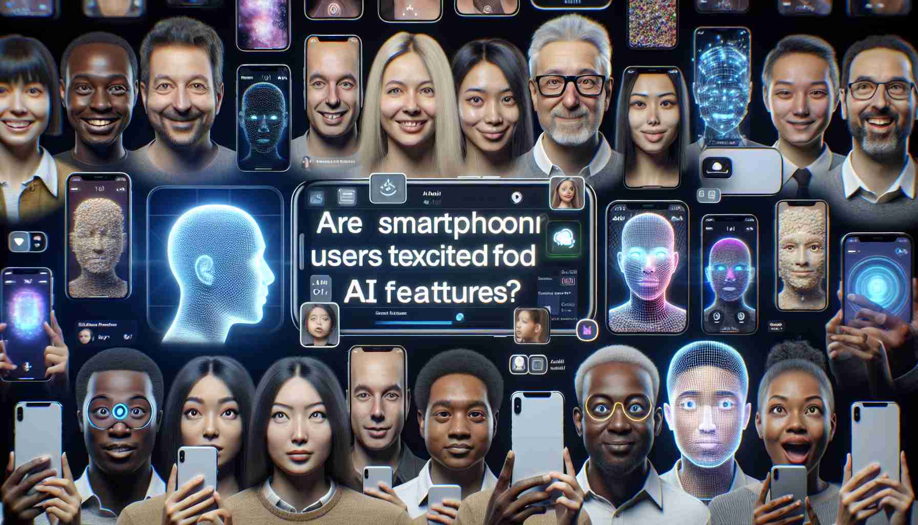 A photo realistic HD representation of the concept 'Are Smartphone Users Truly Excited for AI Features?' with an image of a diverse range of individuals from various descents like Caucasian, Hispanic, Black, Middle-Eastern, and South Asian looking interested and engaged as they examine various smartphone devices. On the screen of these devices, highlight various AI-specific features like voice command, predictive text, facial recognition, and augmented reality applications.