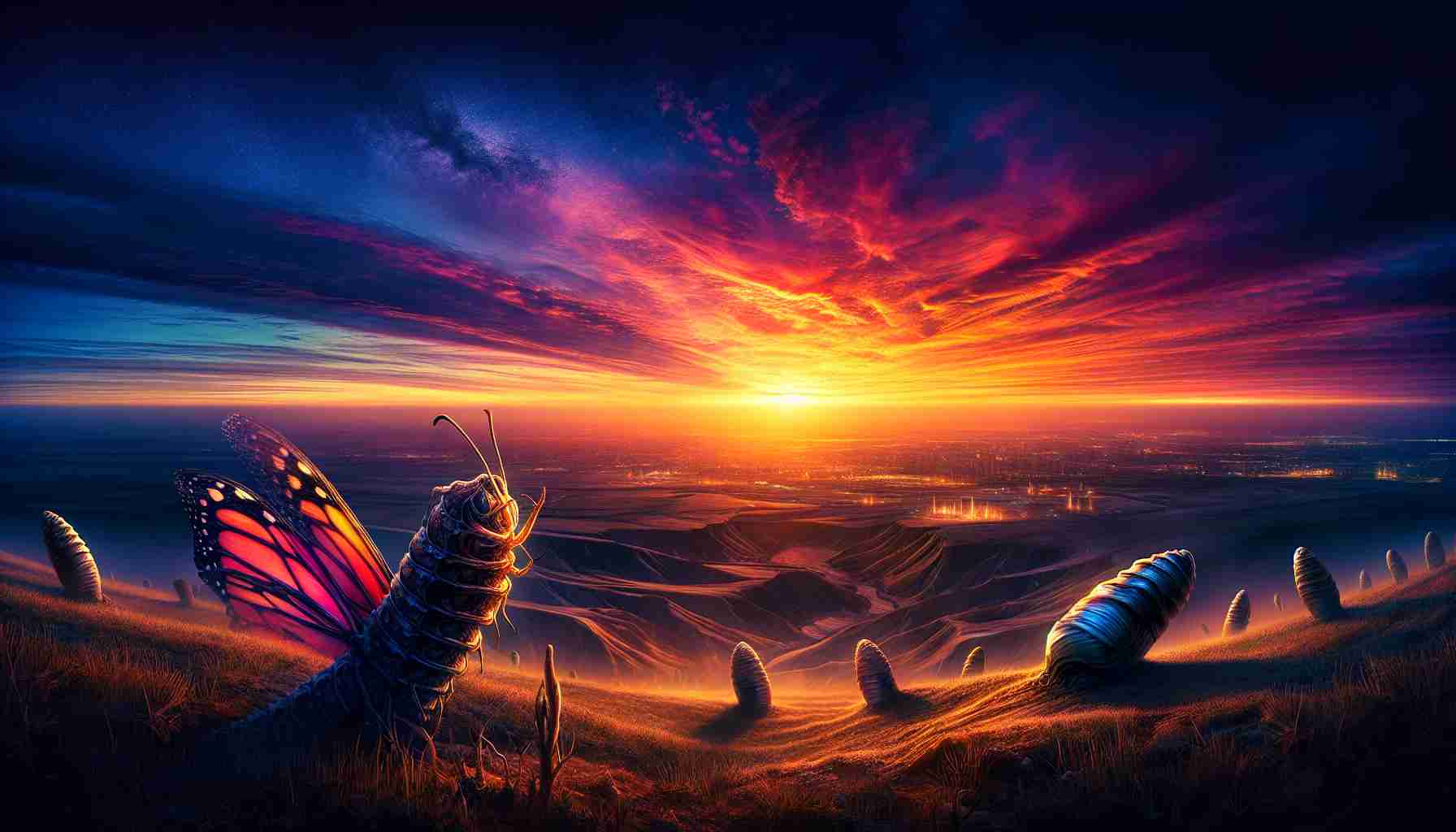 An ultra high-definition photorealistic image that brilliantly captures the concept of 'Exciting Changes on the Horizon'. It should exhibit a vast, sweeping landscape view, with the break of dawn casting warm, vibrant shades across the sky. The horizon is just beginning to be outlined by daylight, suggesting the advent of a new day. Elements in the foreground hint towards change or transformation - perhaps a construction site with emerging structure or a chrysalis ready to burst forth as a butterfly. The overall image should convey a sense of anticipation and the thrill of changes to come.