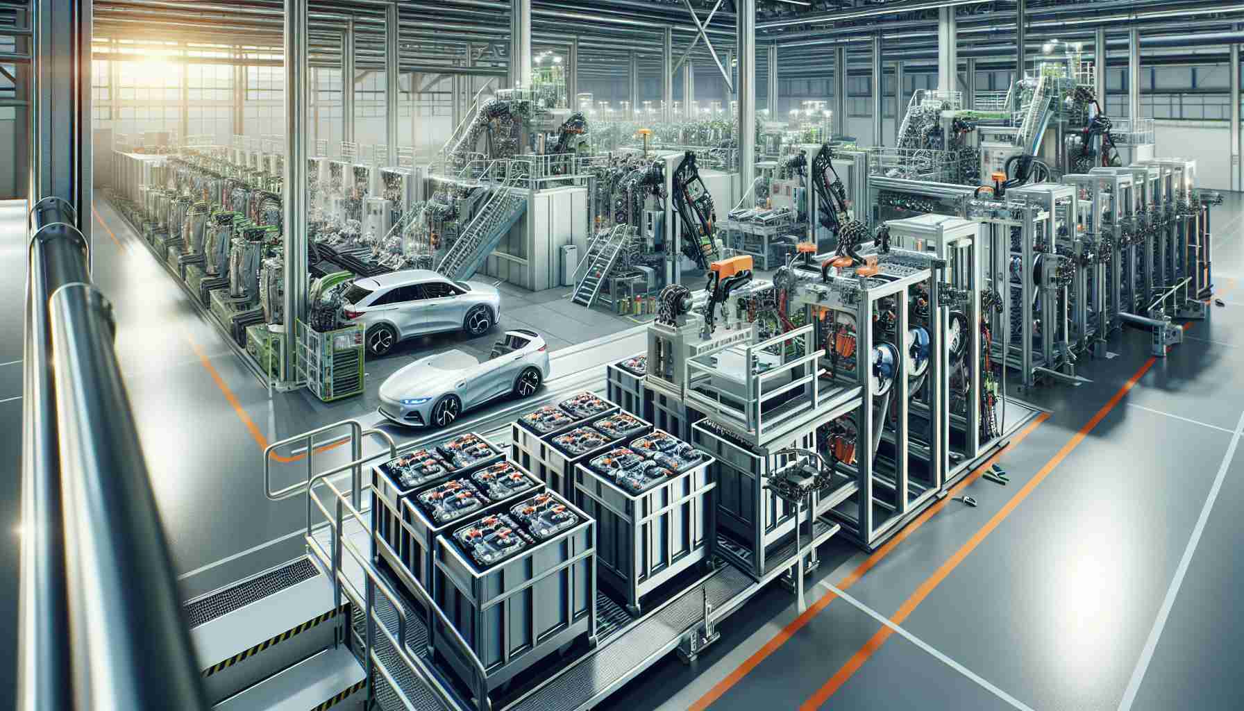 Generate an ultra-high-definition image displaying the sustainable battery recycling process designed by a popular German automobile manufacturer for their future electric vehicles. The scene should depict a sophisticated factory setting with state-of-the-art machinery systematically dismantling and recycling old electric vehicle batteries. Please show the batteries being fed into the machinery and the various stages of the recycling process, highlighting the cleanliness and efficiency of the operation.