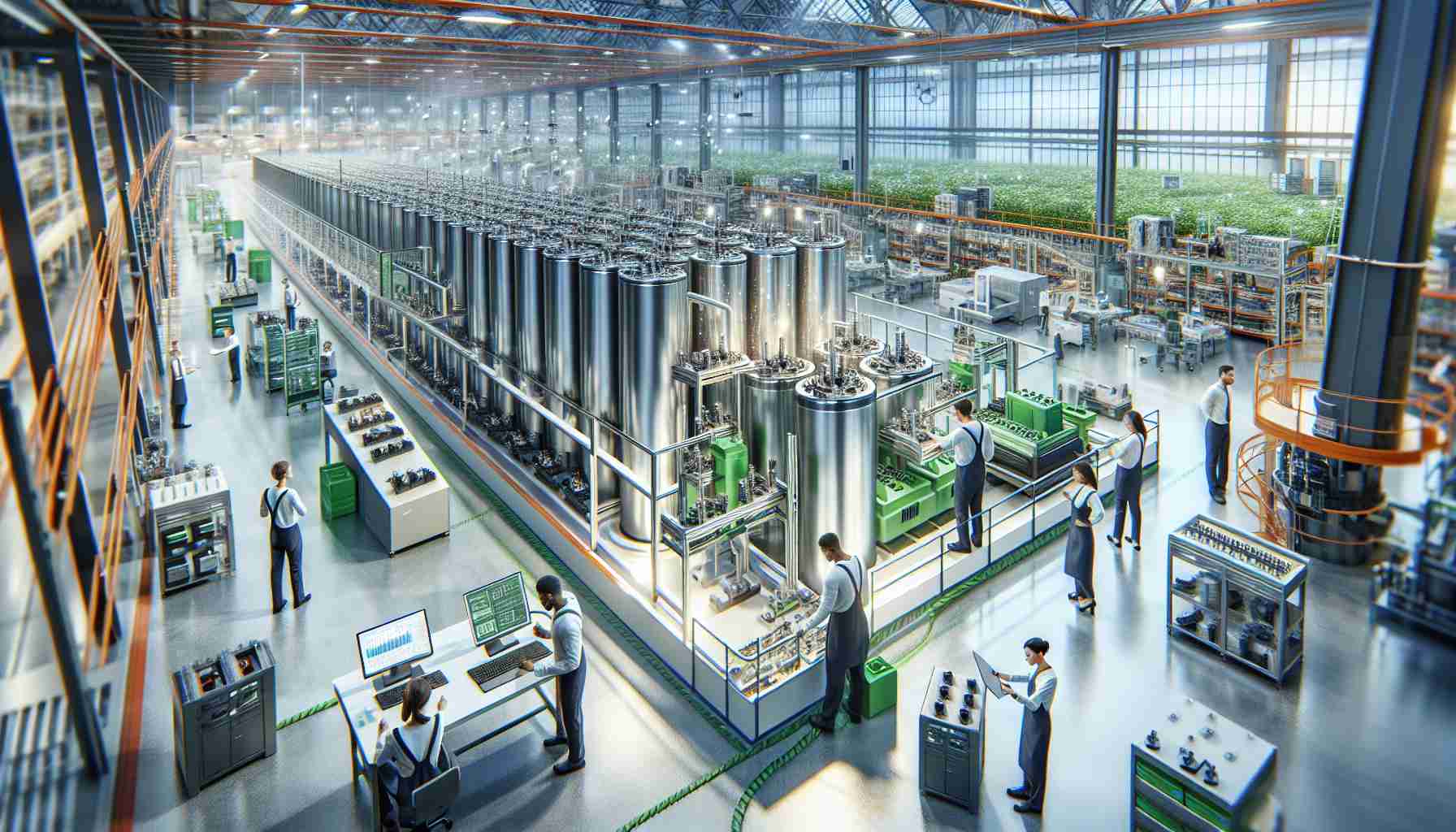 A high-definition, meticulously detailed scene showcasing the revolutionizing practices in sustainable battery technology. Picture an innovatively designed factory with large glass windows revealing the clean, organized, and green processes inside. Large batteries are being assembled by a diverse team of workers. The employees include a South Asian female engineer inspecting the circuits, a Black male technician operating machinery, and a Middle-Eastern male researcher analyzing data on a computer screen. The factory is powered by renewable energy sources such as solar panels and wind turbines, displayed prominently in the background, symbolizing the venture into sustainability.