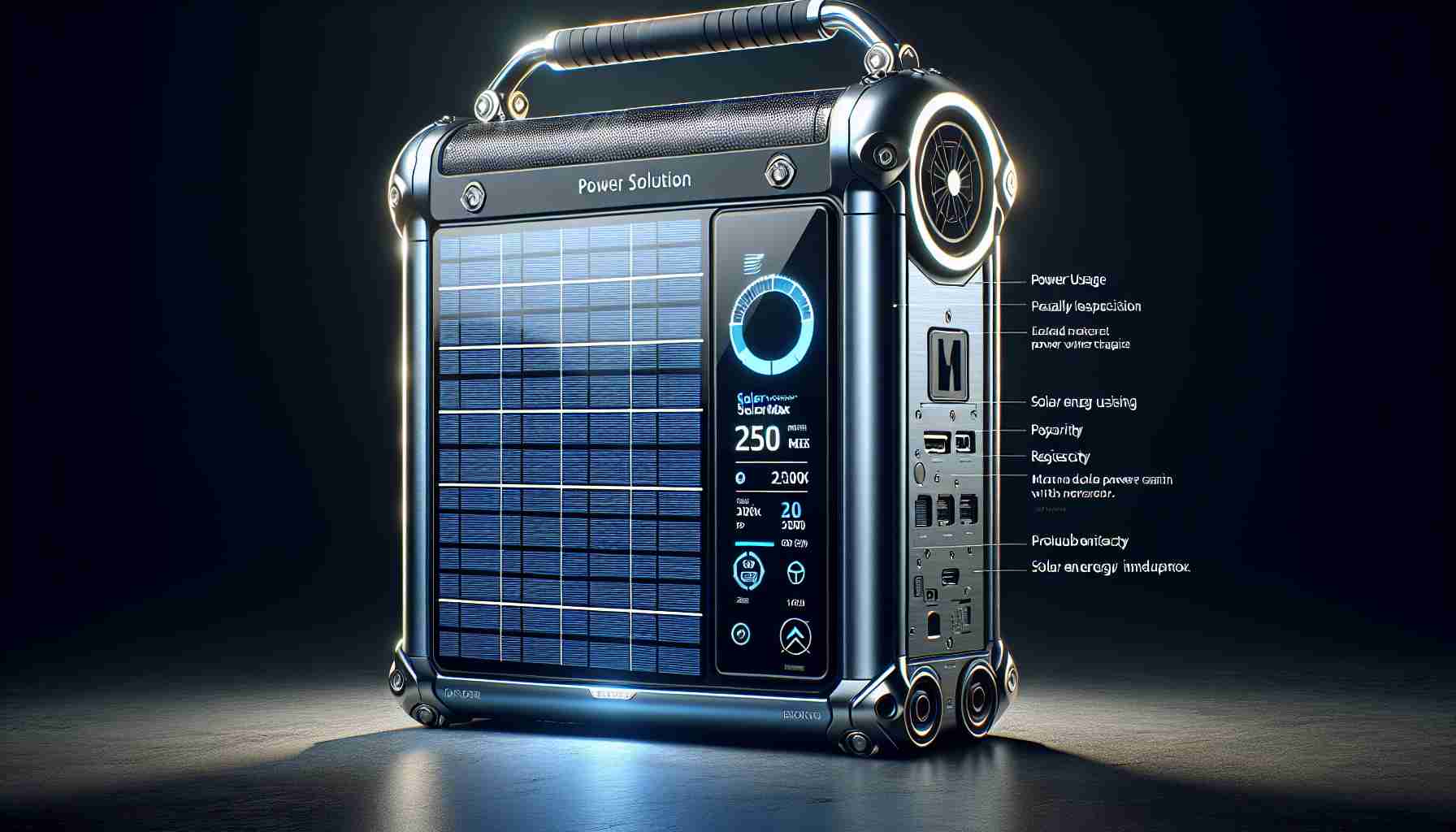 High-resolution image showcasing the new-age power solution: SolarMax 2500 Mega. This portable device should be sleek, compact, and revolutionary. It's fashioned specifically for portability, with easy-to-carry handles and a robust body resistant to weather changes. The device comes with a polished touchscreen interface showing detailed power usage, capacity, and solar energy input. The highlight feature is the solar panels, which are efficiently integrated into the body and can swivel to catch maximum sunlight. The image should evoke a sense of remarkable technological innovation and sustainability in clean energy.