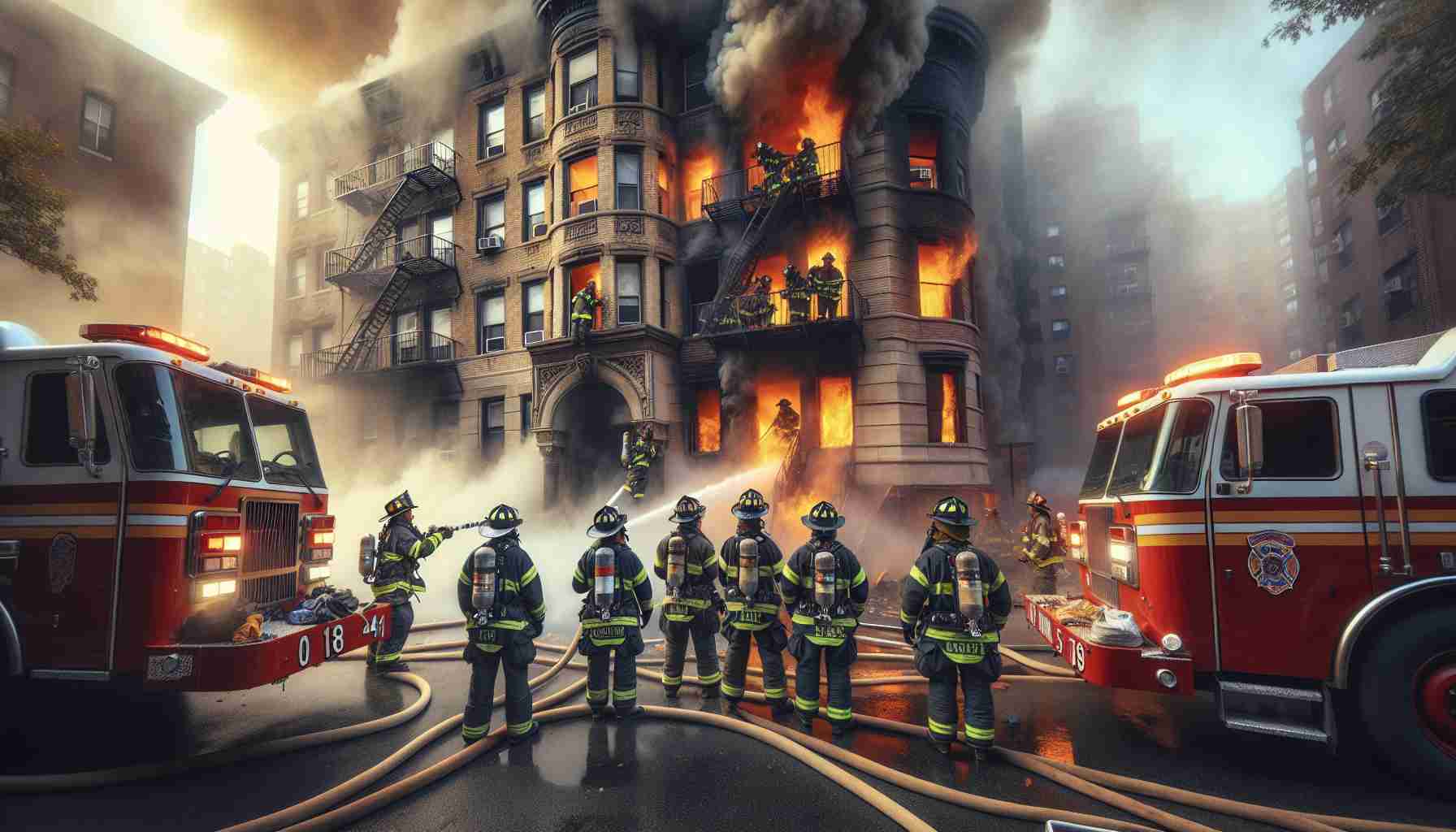 Generate a high-definition, realistic image showcasing an unusual scene where firefighters of diverse descents and genders – including Caucasian, Hispanic, Black, Middle-Eastern, and South Asian, male and female firefighters – respond to an unexpected find during a blaze in an urban area similar to Bronx. Detail the thick smoke, orange flames lapping at the building, firefighter uniforms, hoses, and fire trucks. Further, depict the surprise element, something unexpected that adds a twist to the situation but is not harmful or dangerous, discovered amidst the tumult.