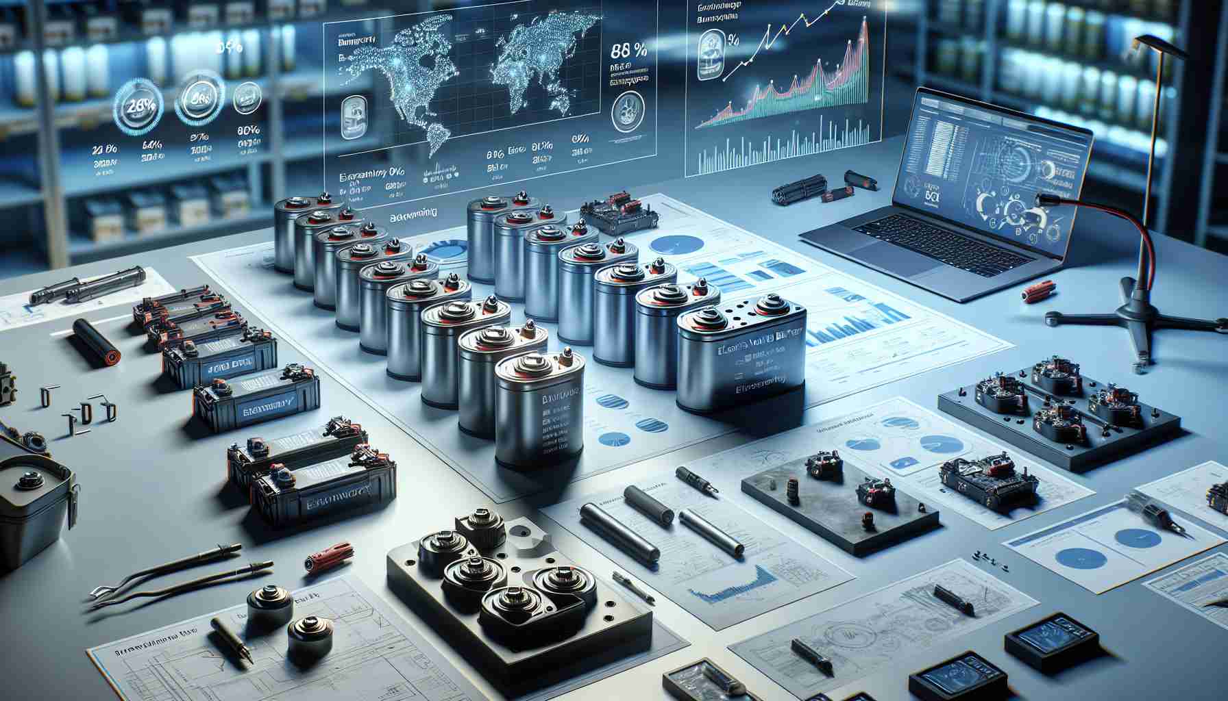 A realistic high definition image displaying the advancements in the Electric Vehicle Battery Market. Depict a table with different models of advanced electric vehicle batteries lined up. Each model annotated with its efficiency rates and unique features. In the background, there should be infographics and diagrams showcasing the technical advancements and growth in the market. Scatter some peripheral items around such as blueprints, charts, and a laptop displaying related data. The scene should reflect a research lab or an engineer's workspace.