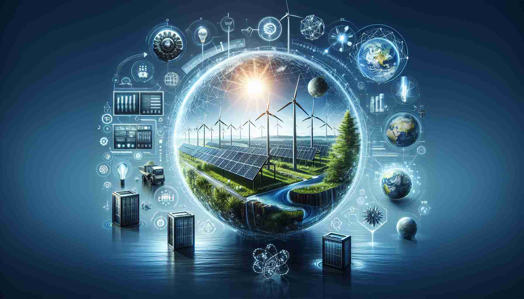 Generate a realistic and detailed high-definition image that visually embodies the concept of revolutionizing power sustainability. Show an innovative and balanced approach to energy conservation and generation. This could include elements such as advanced solar panels, sophisticated wind turbines, efficient batteries, and a balance between natural and technological elements, representing Equilibrium Energy's innovative approach.