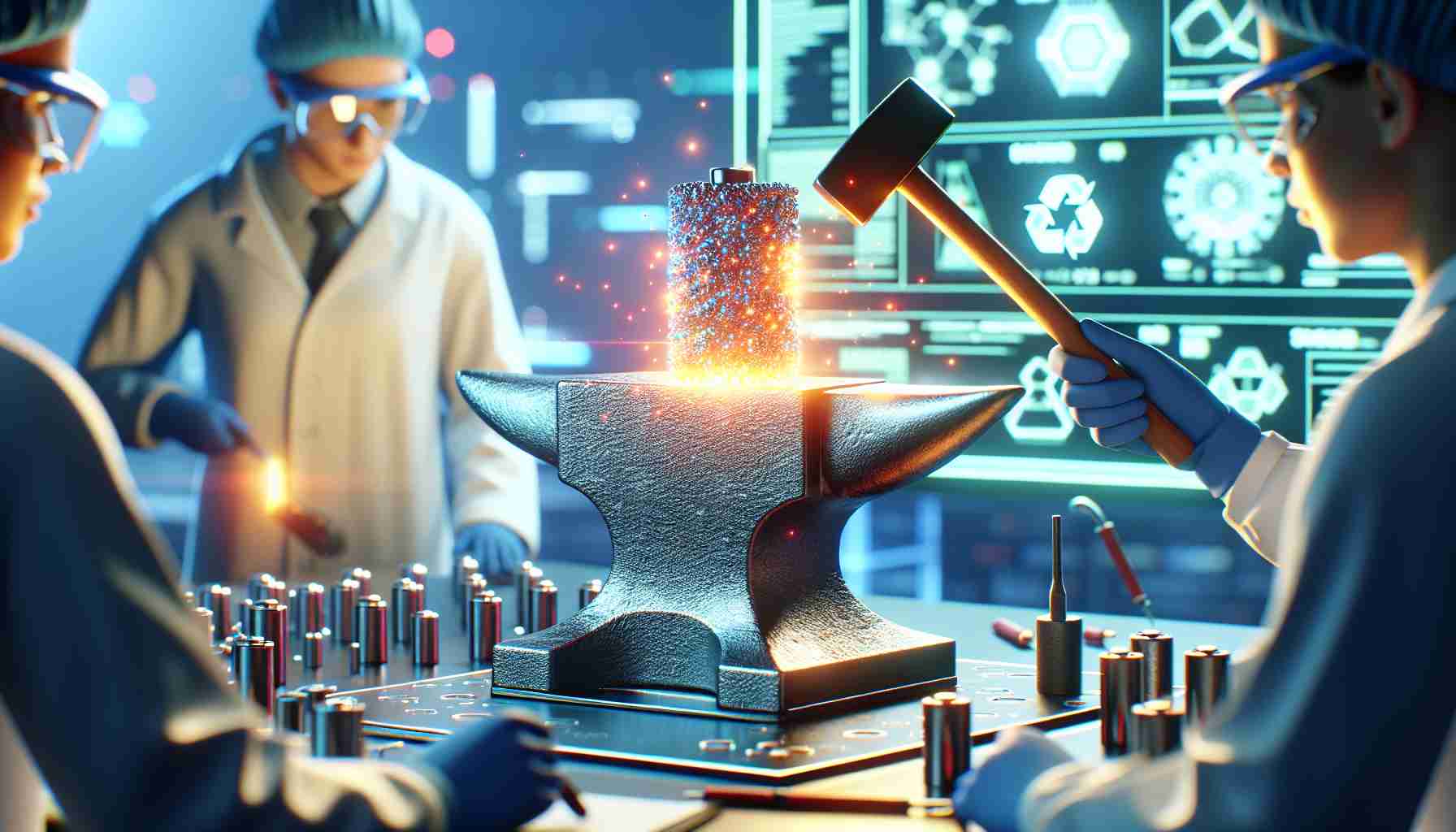 High definition, realistic scene of an innovative company, represented symbolically as an anvil (Forge), leading a technological revolution in battery research. Depict this through the visualization of futuristic labs, researchers wearing lab coats and safety goggles. Place the focus on a glowing battery coated with a special nano material, symbolizing advancements in coating technology. The environment around the battery should reflect the high-tech nature of this revolution, with digital screens showing data and charts related to battery performance