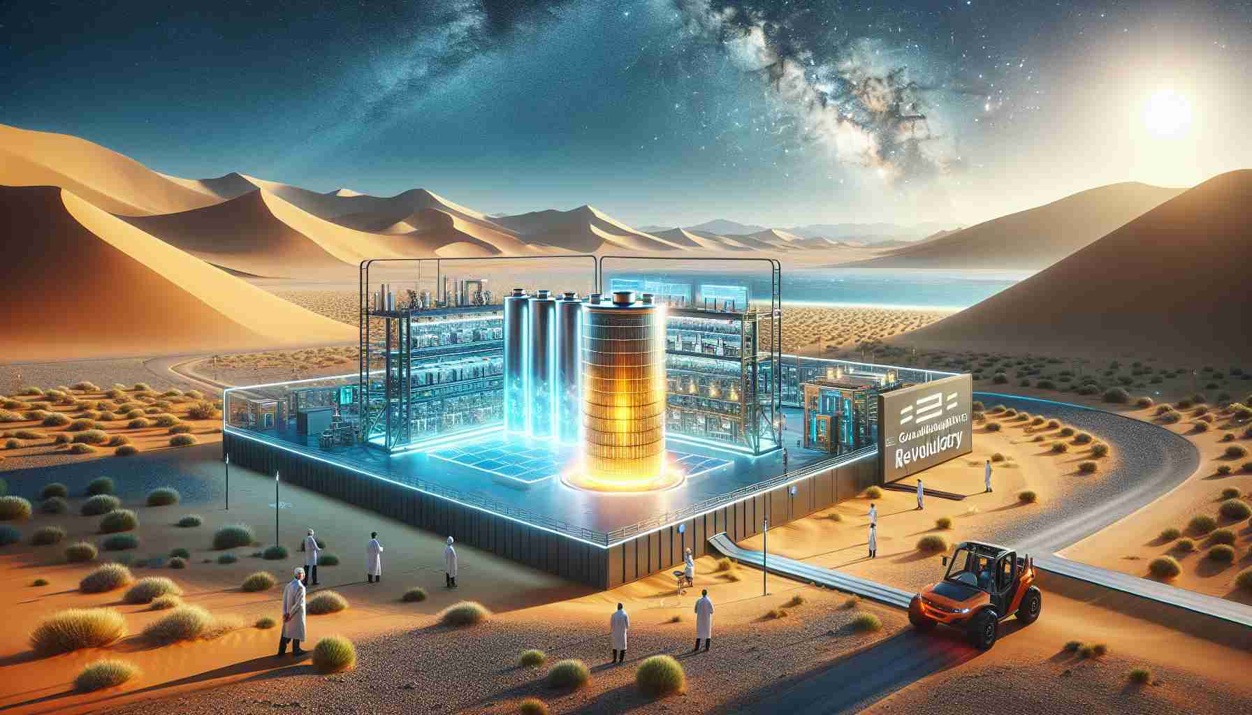 A hybrid of conceptual and realistic presentation of a scene from Nevada showing ground-breaking revolutionary battery technology. Picture a state-of-art facility stationed in the sandy landscape with endless blue skies overhead. Central to the view, is a high-resolution display of a cutting-edge, ultra-modern battery prototype, glowing in an aura of innovation, with tech personnel dressed in lab coats discussing the revolutionary features. The facility buzzes with activity and technology indicative of a breakthrough development.